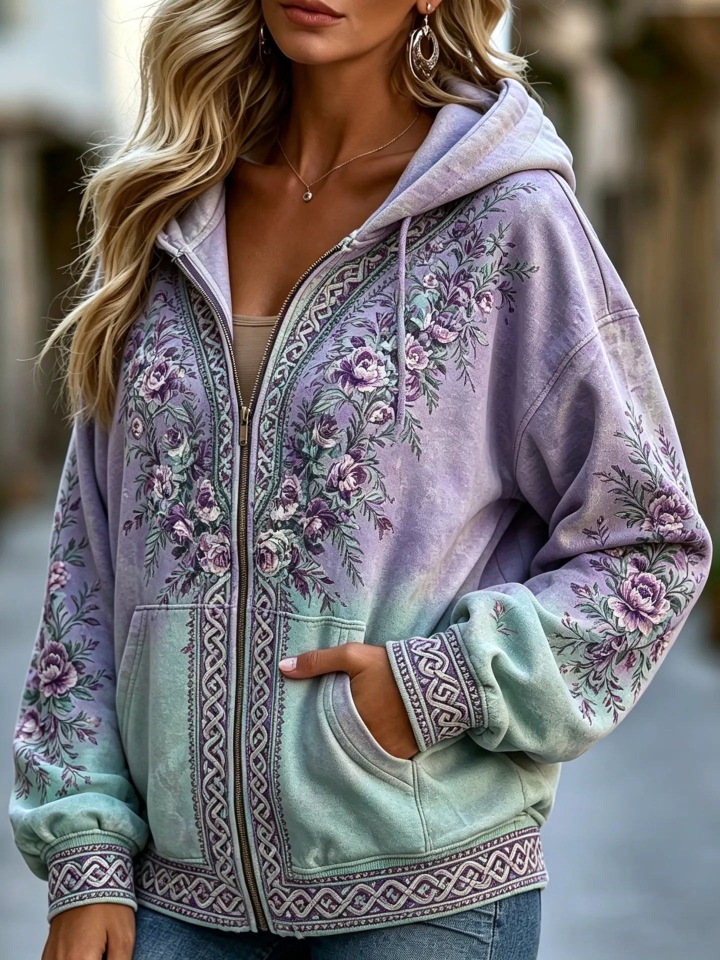 Women's Vintage Flowers Celtic Knot Gradient Art Casual Zip-up Hoodie