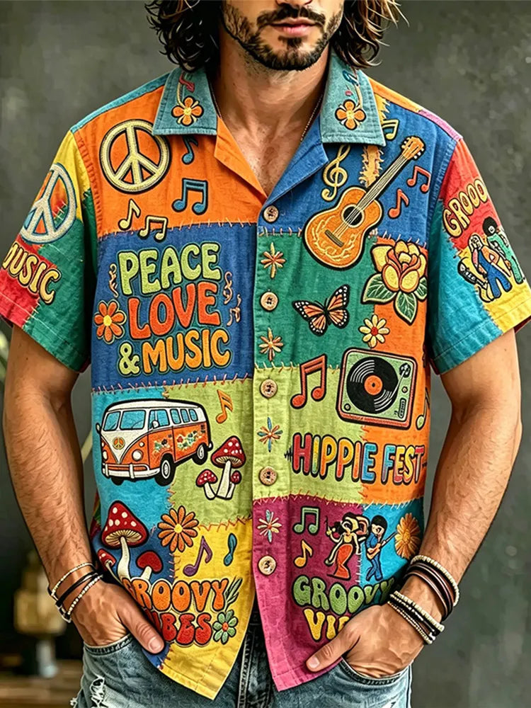 Men's Hippie Style Peace Love Music Patchwork Art Print Casual Shirt