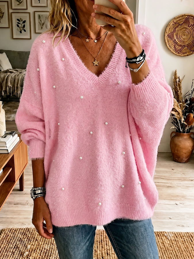 Women'S Solid Color Multi-Color Nail Bead Pullover Sweater Top