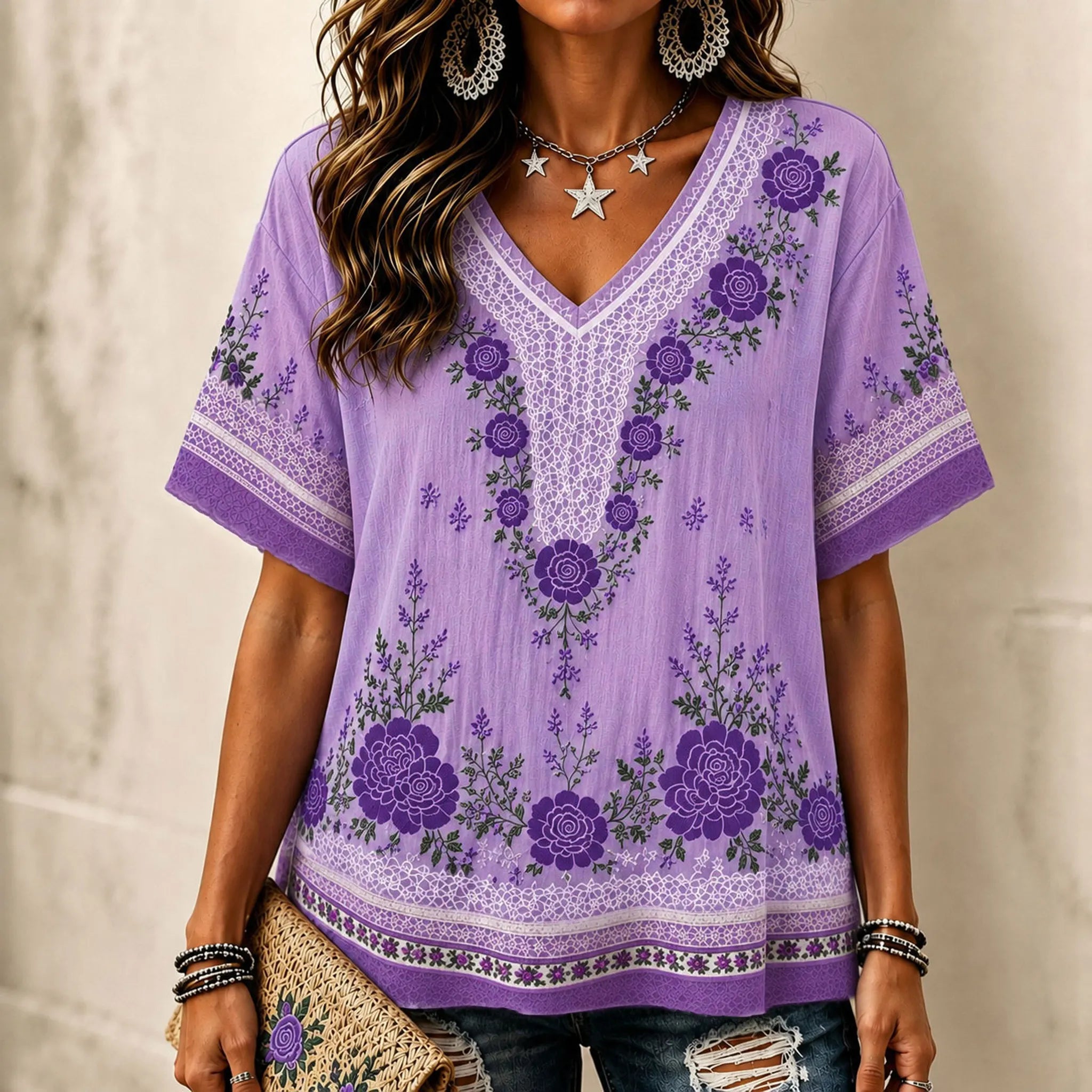 Women's Vintage Bohemian Floral Rose Embroidery Lace Print Cotton Linen Top