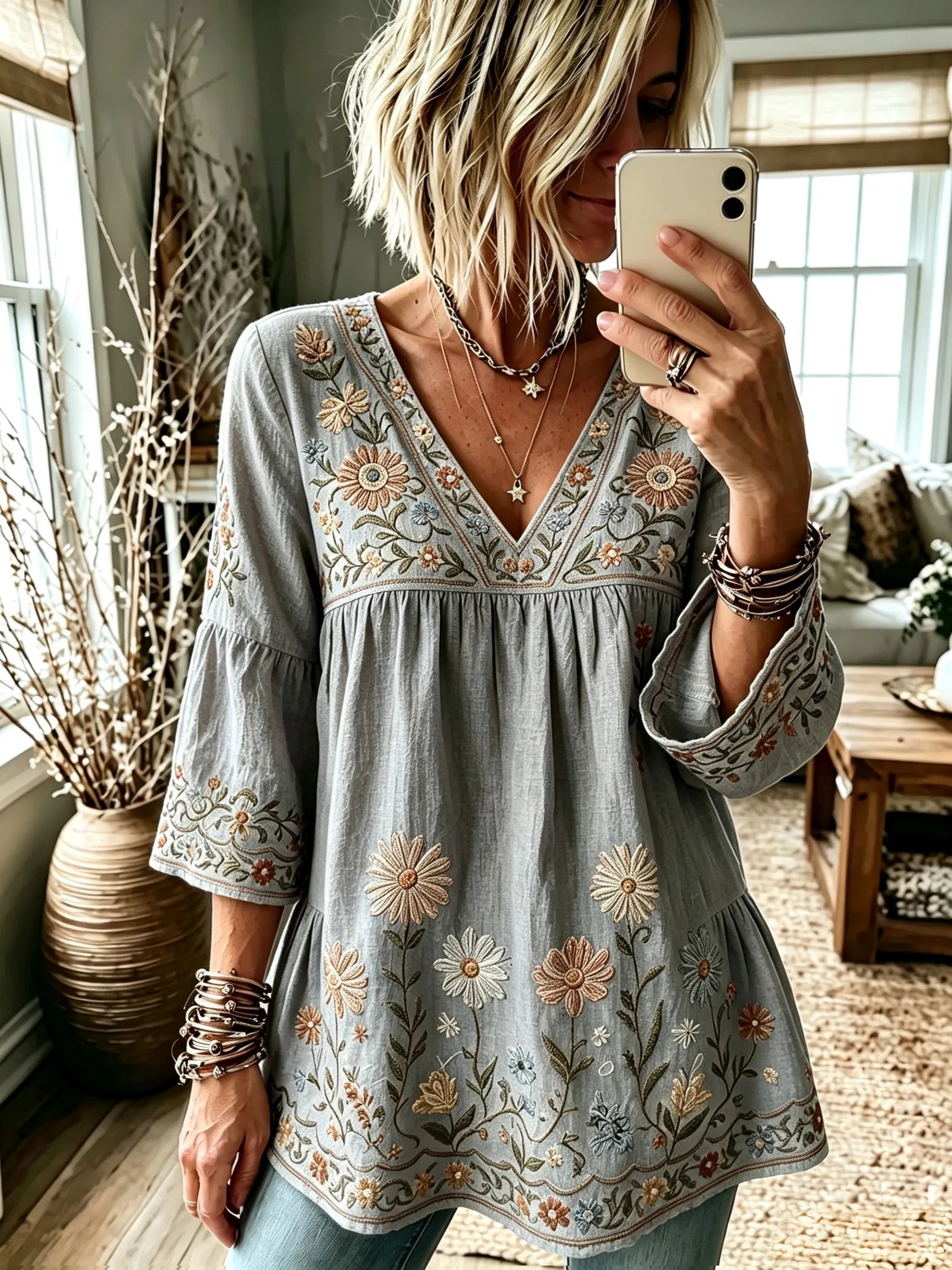 Women's Retro Hippie Floral And Dragonfly Art Flowy Linen Blend Three Quarter Sleeves T-shirt