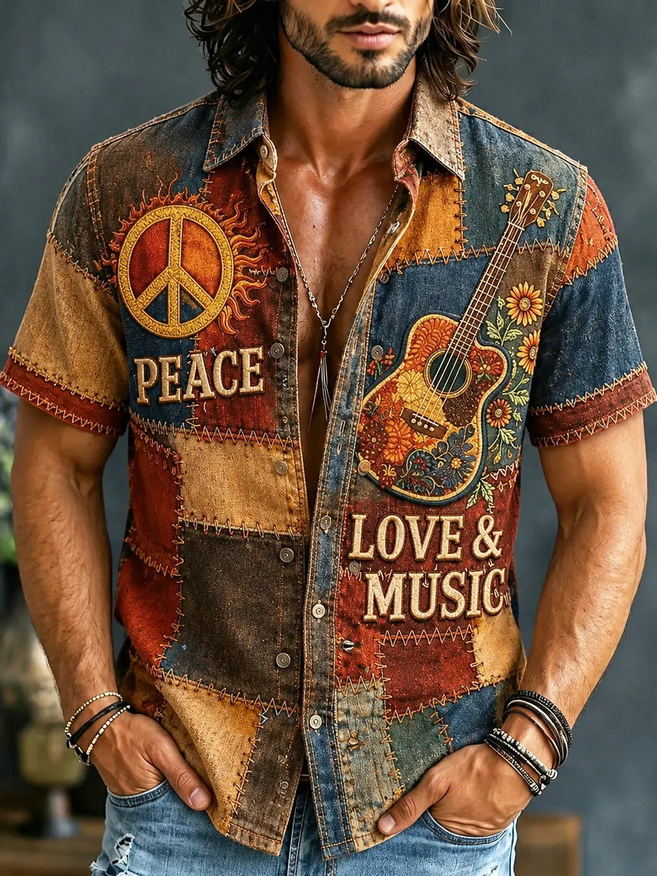 Men's Hippie Peace Love Music Patchwork Print Short Sleeve Shirt