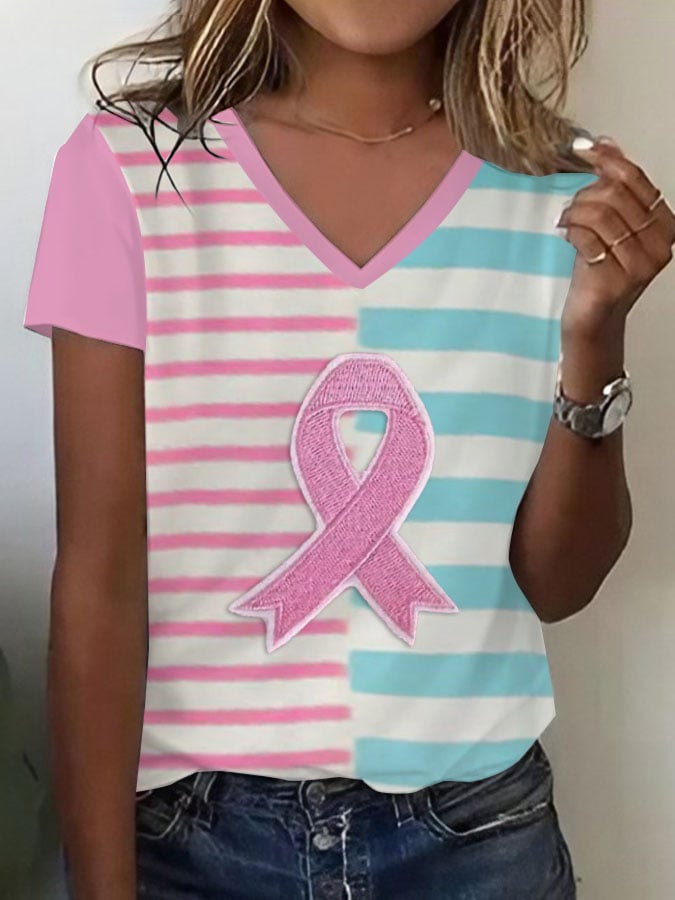 Women's Breast Cancer Awareness Pink and Blue Stripe Print Casual T-Shirt