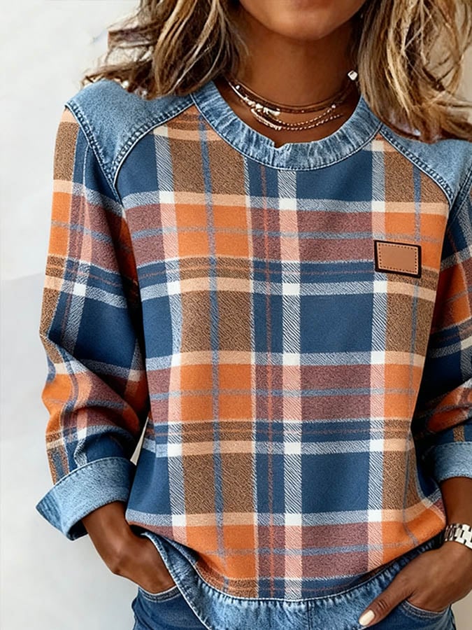 Women'S Casual Round Neck  Patchwork Plaid Print Pullover Sweatshirt