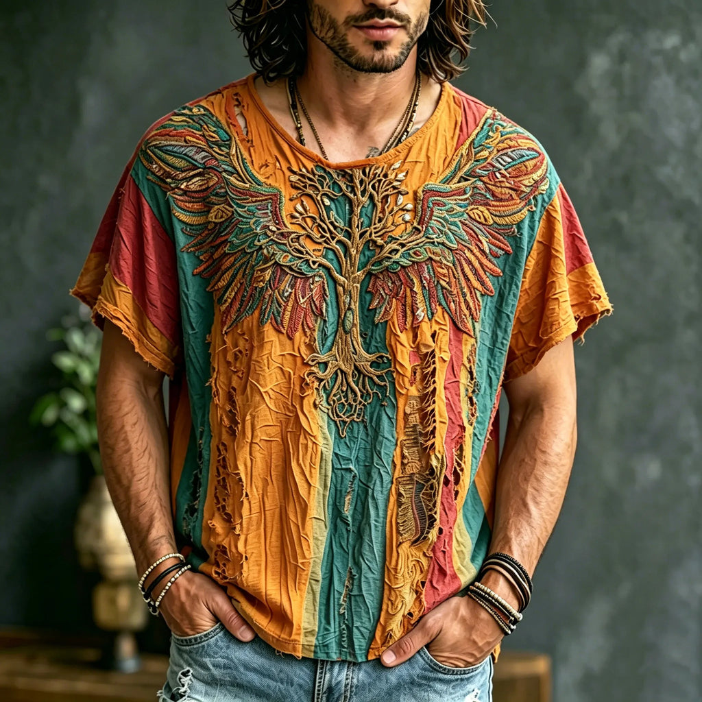 Men's Retro Hippie Style Tree Of Life And Wings Embroidered Print T-shirt