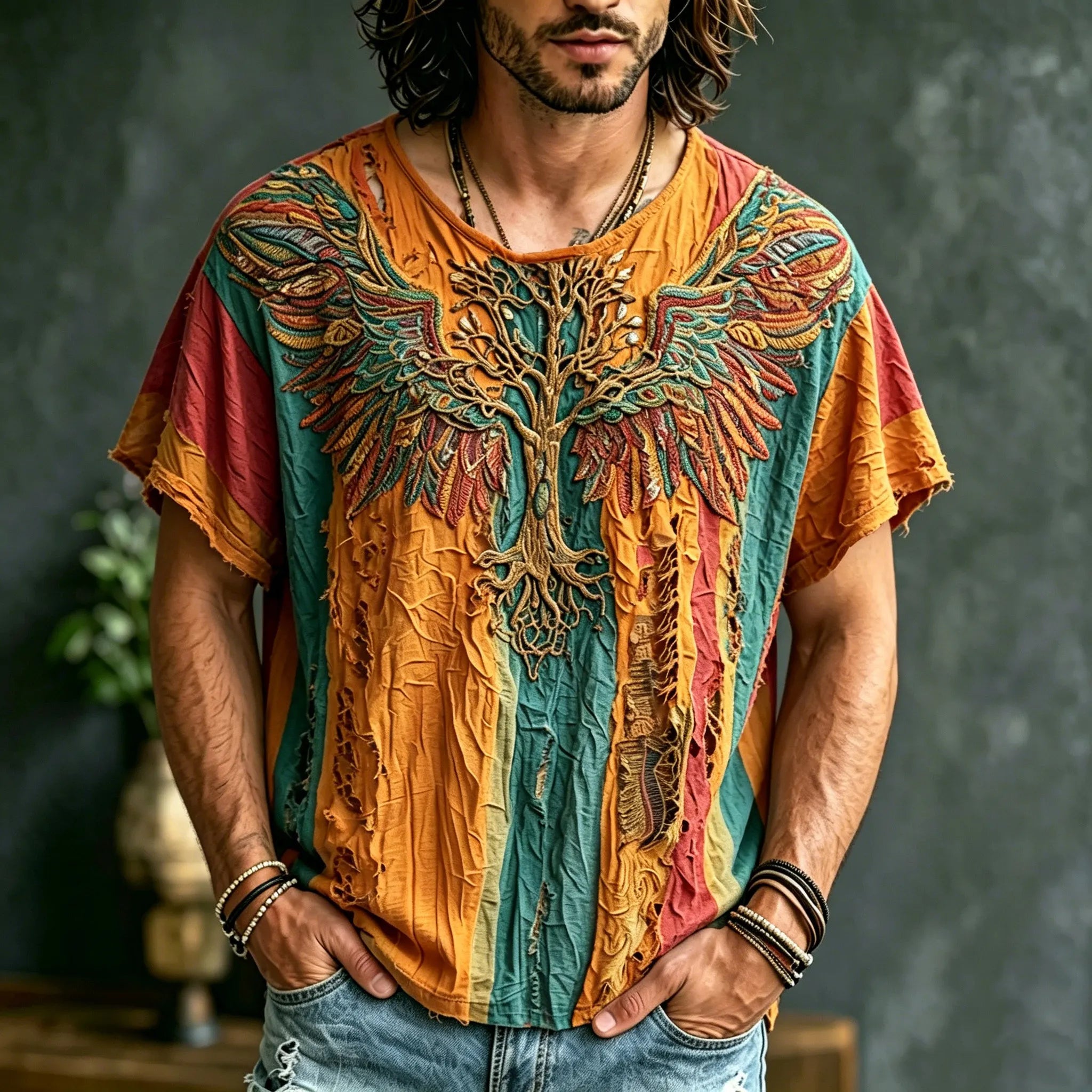 Men's Retro Hippie Style Tree Of Life And Wings Embroidered Print T-shirt