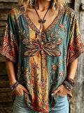 Women's Retro Bohemian Hippie Style Dragonfly And Floral Embroidered V-neck Top
