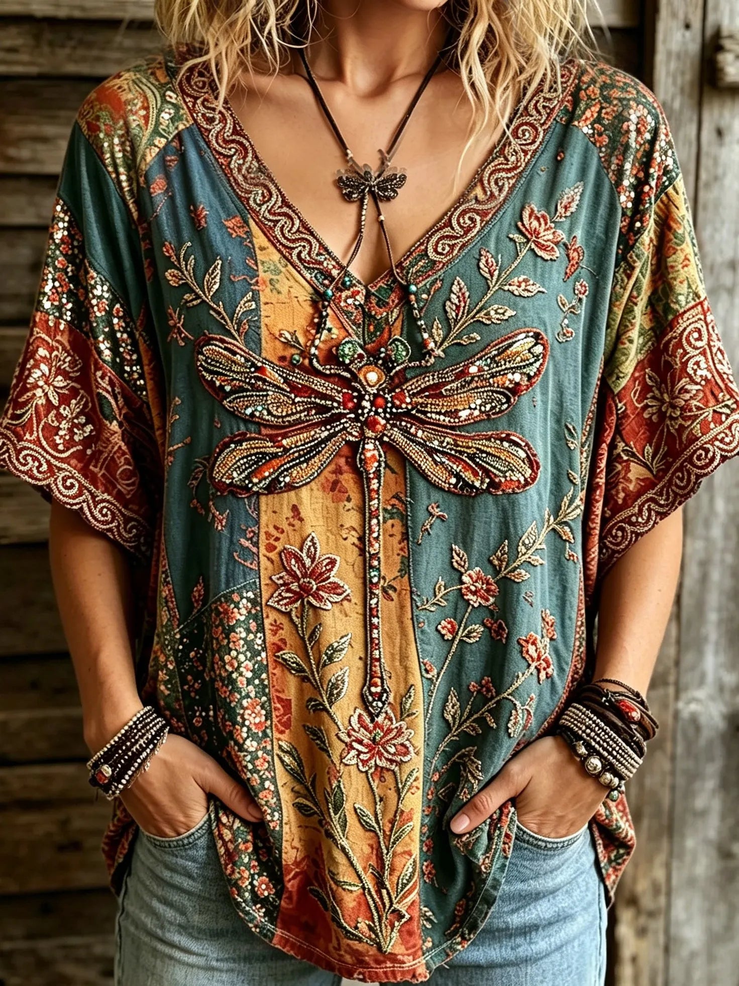 Women's Retro Bohemian Hippie Style Dragonfly And Floral Embroidered V-neck Top