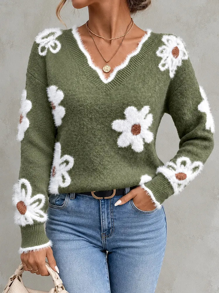 Elegant Floral Jacquard Knit V-neck Sweater