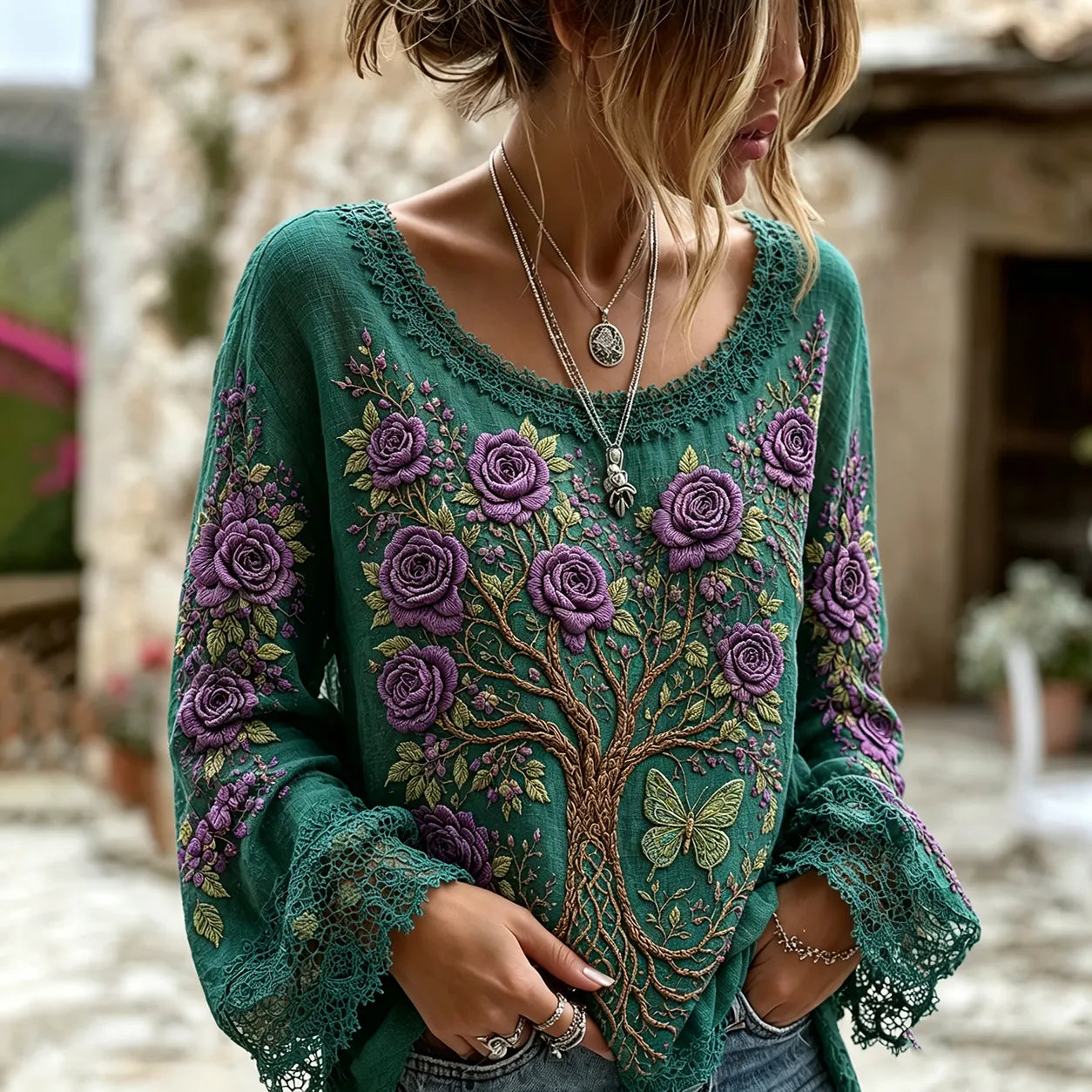 Women's Vintage Viking Tree Of Life And Rose Embroidery Long-sleeve T-shirt