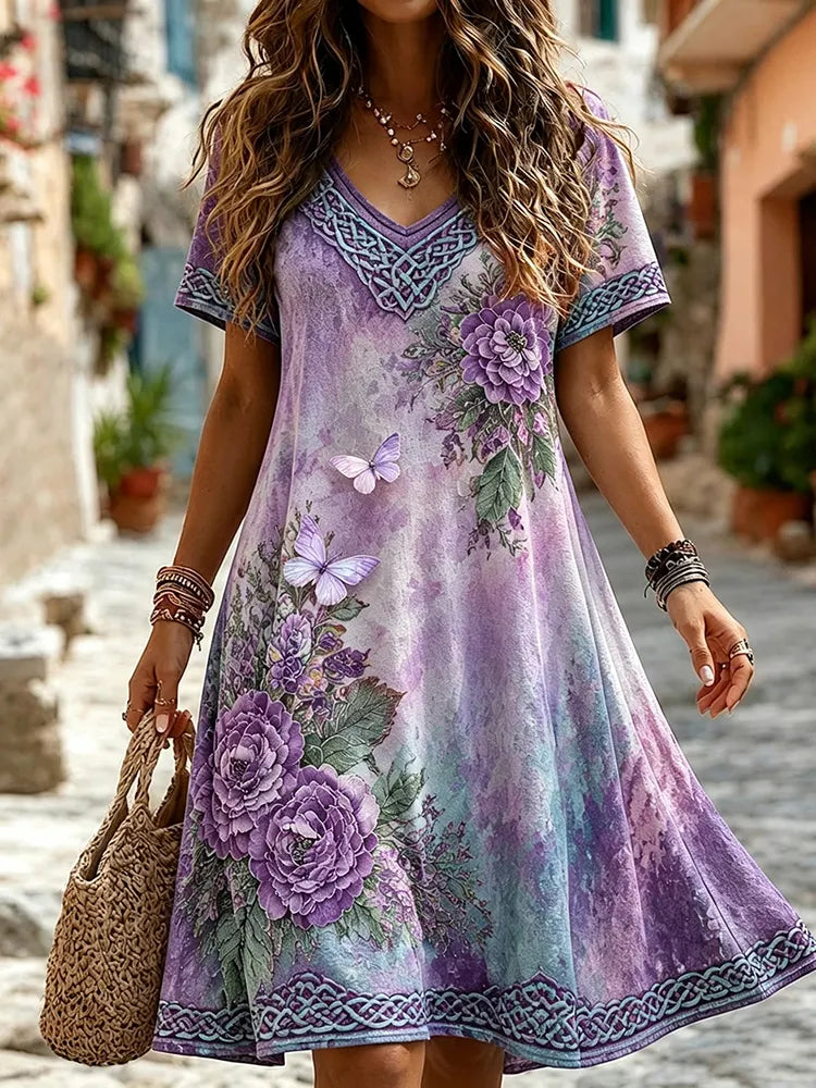 Women's Vintage Celtic Knot And Purple Floral Pattern Casual V-neck Dress
