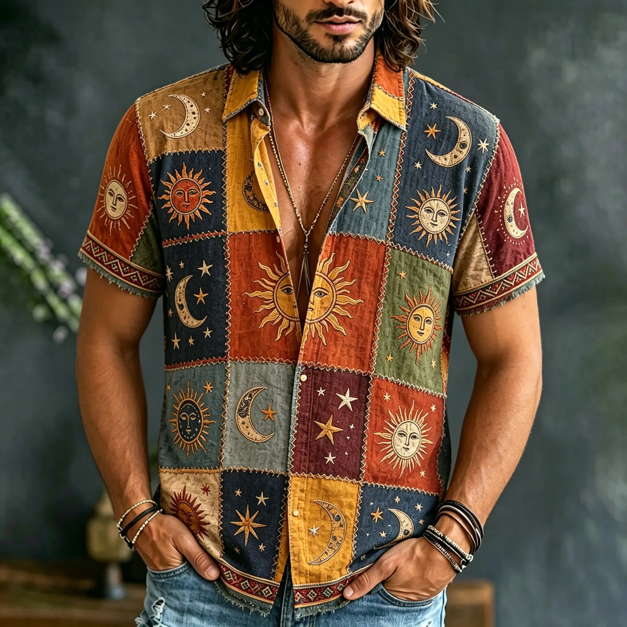 Men's Hippie Sun Moon Geometric Patchwork Print Short Sleeve Shirt