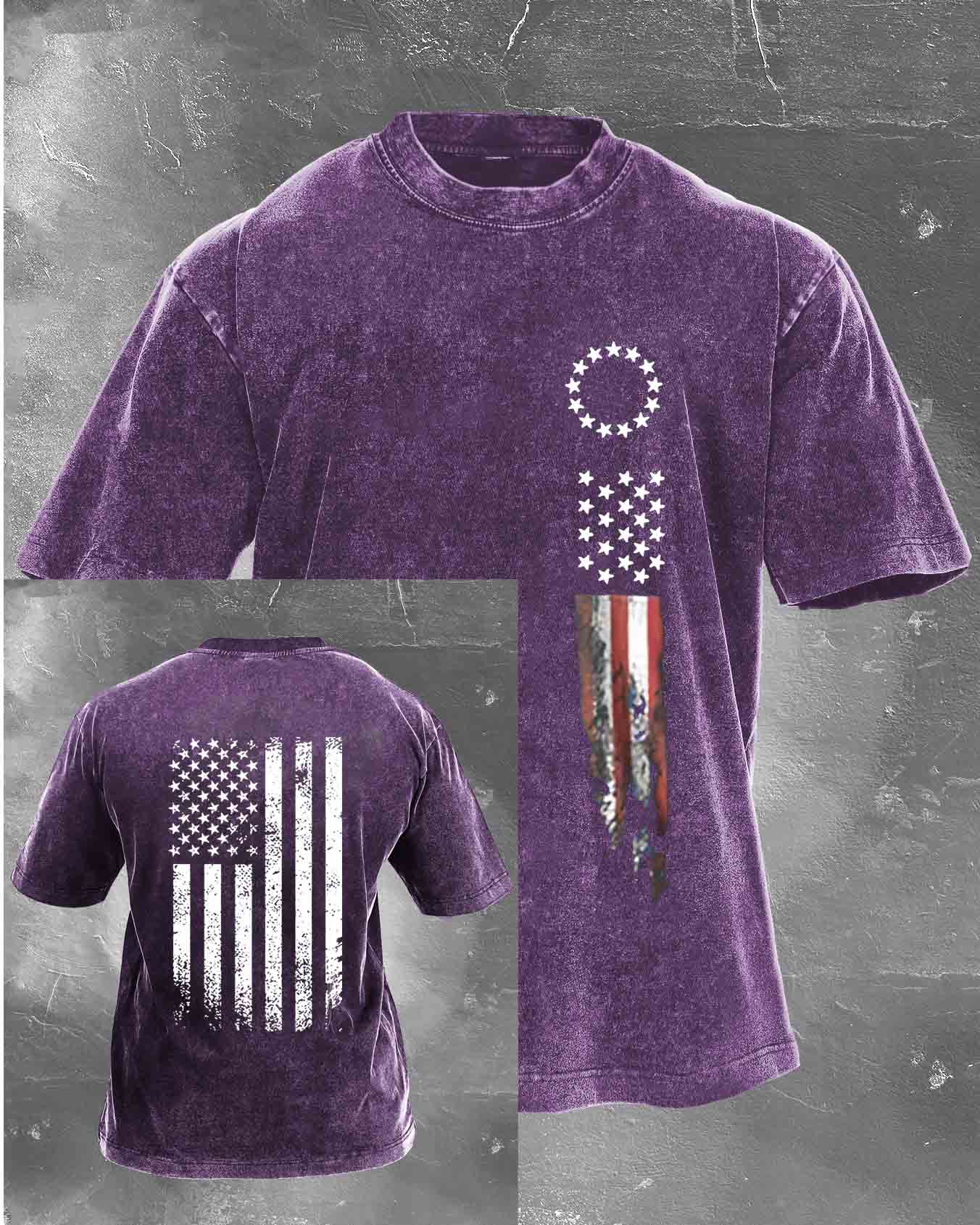 Amierica Flag Pattern Washed Distressed Crew Neck 100% Cototon T-Shirt