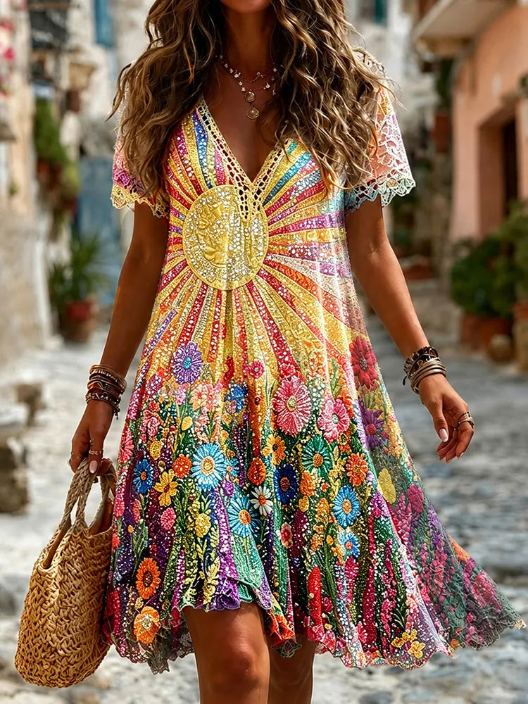 Women's Retro Hippie Floral Sunshine Rainbow Pattern Art Linen Blend Round Neck Mini Dress