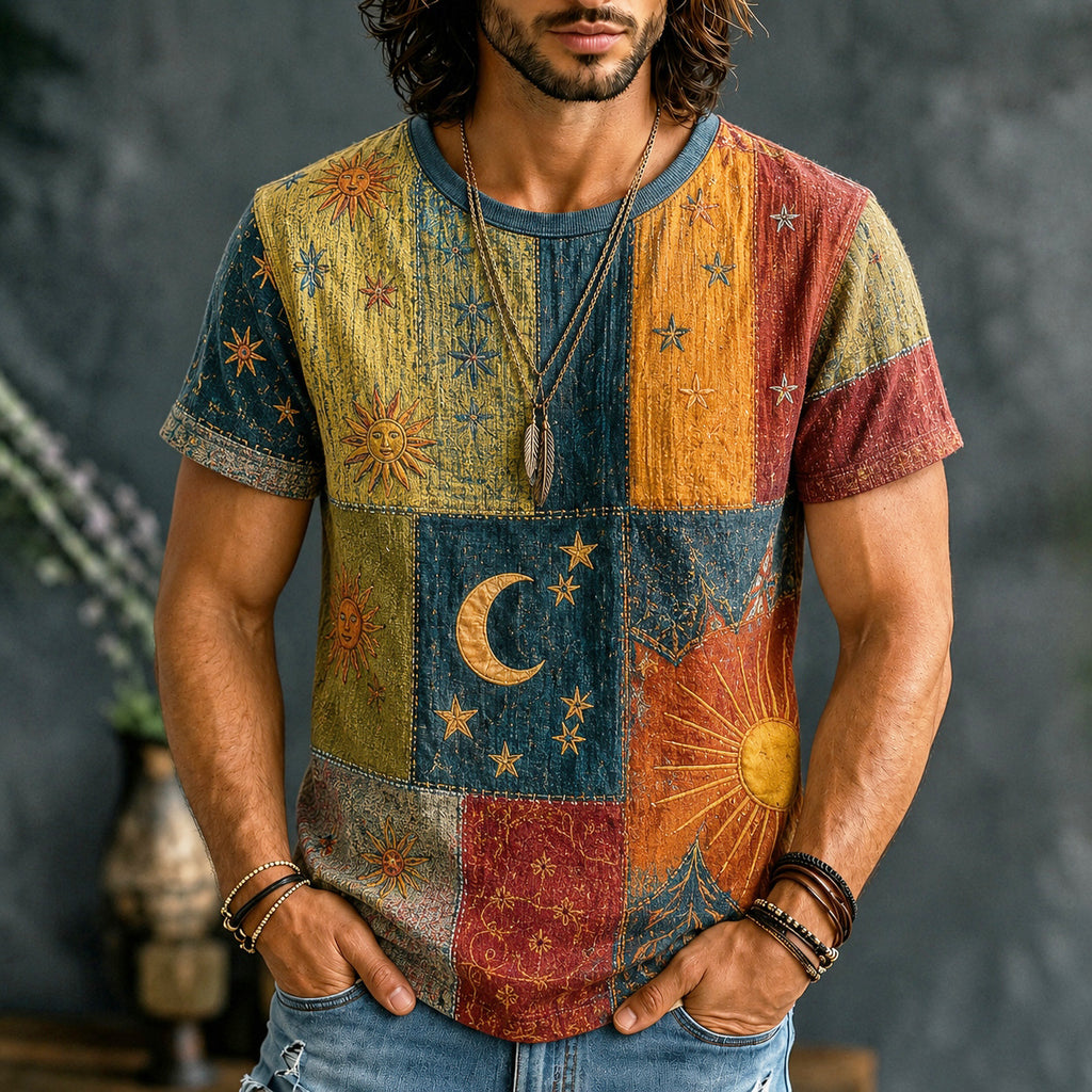 Men's Mysterious Sun Moon Boho Hippie Patchwork Print T-shirt