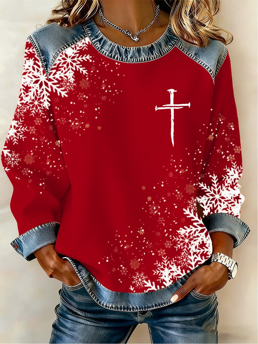 Women's Casual Retro Christmas Fleece-Lined Color-Blocked Sweatshirt