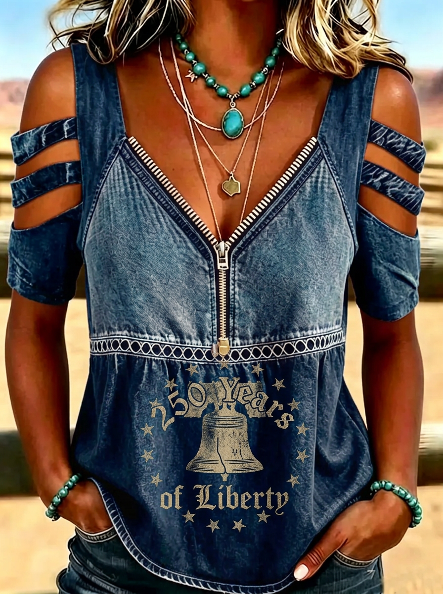 Women's Western Independence Day Liberty Bell Stars Printed T-shirt