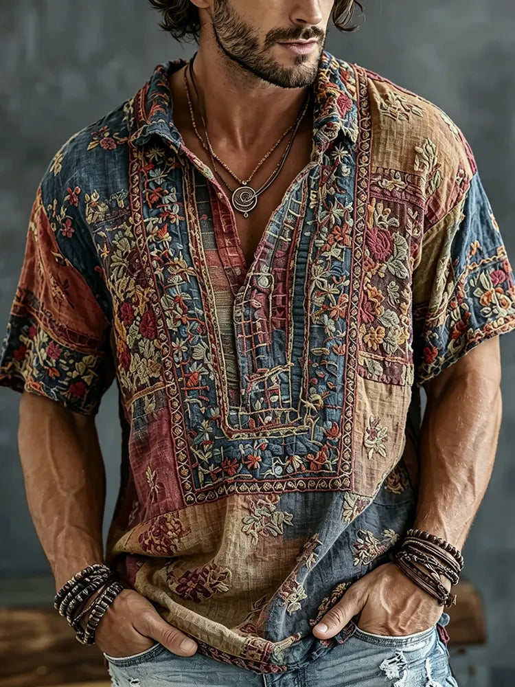 Men's Vintage Floral  Patchwork Embroidered Art Print Flowy Linen Blend Casual Tshirt