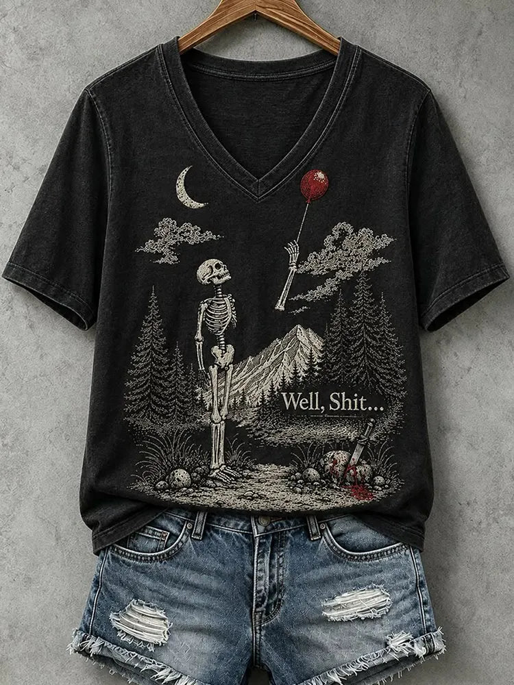 Women's Vintage Funny Skeleton Red Balloon Graphic Print Casual T-shirt