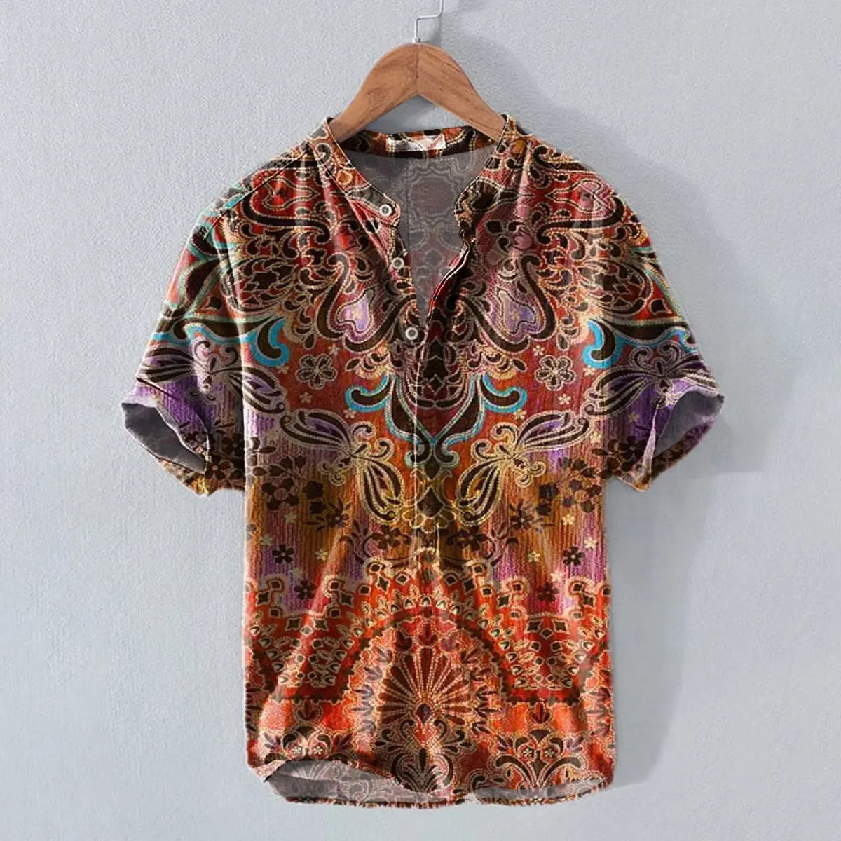 Men's Retro Ethnic Pattern Prints Linen Blend Short-sleeve Shirt
