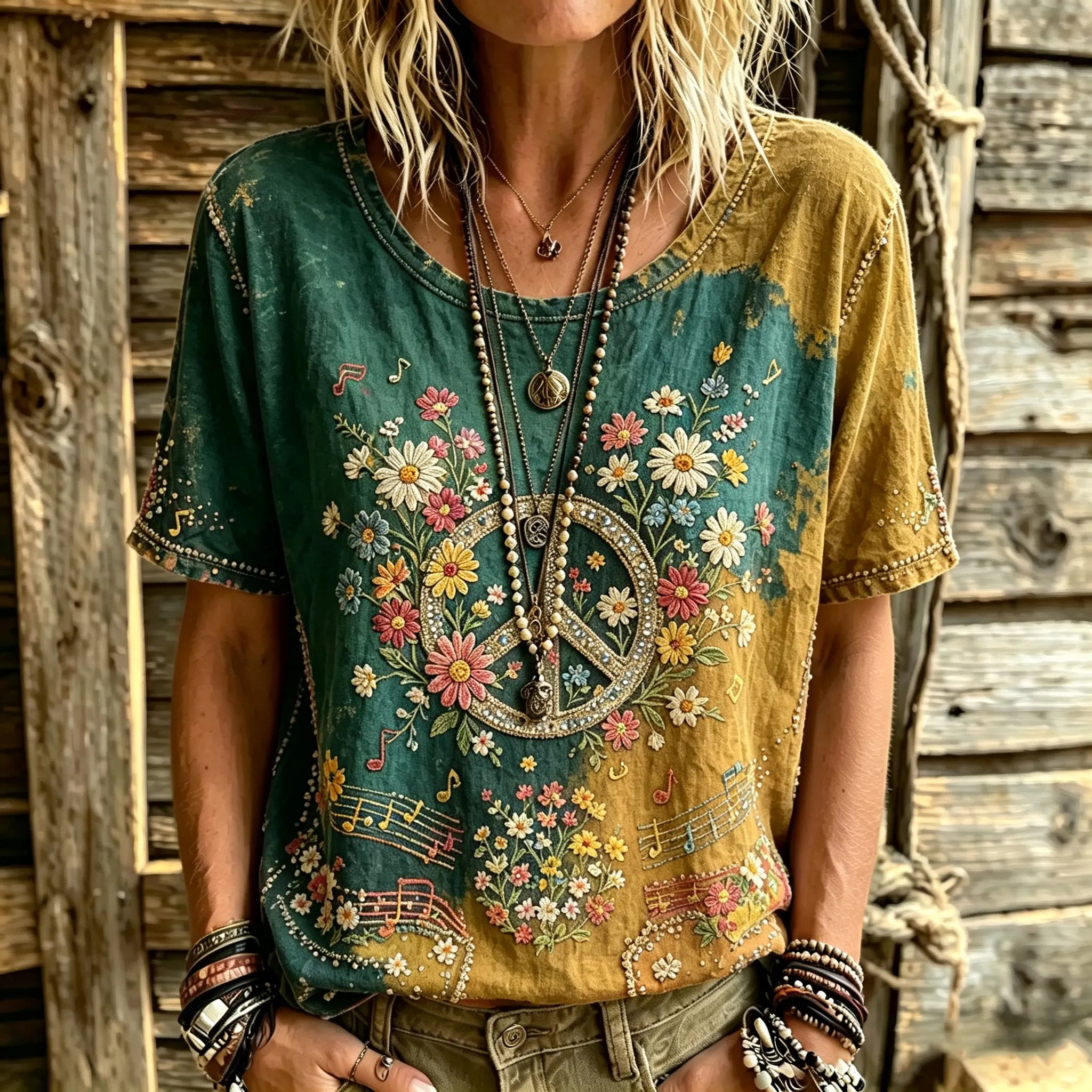 Women's Retro Tie-dye Hippie Peace Logo Floral Art Embroidery Casual Cotton Linen T-shirt