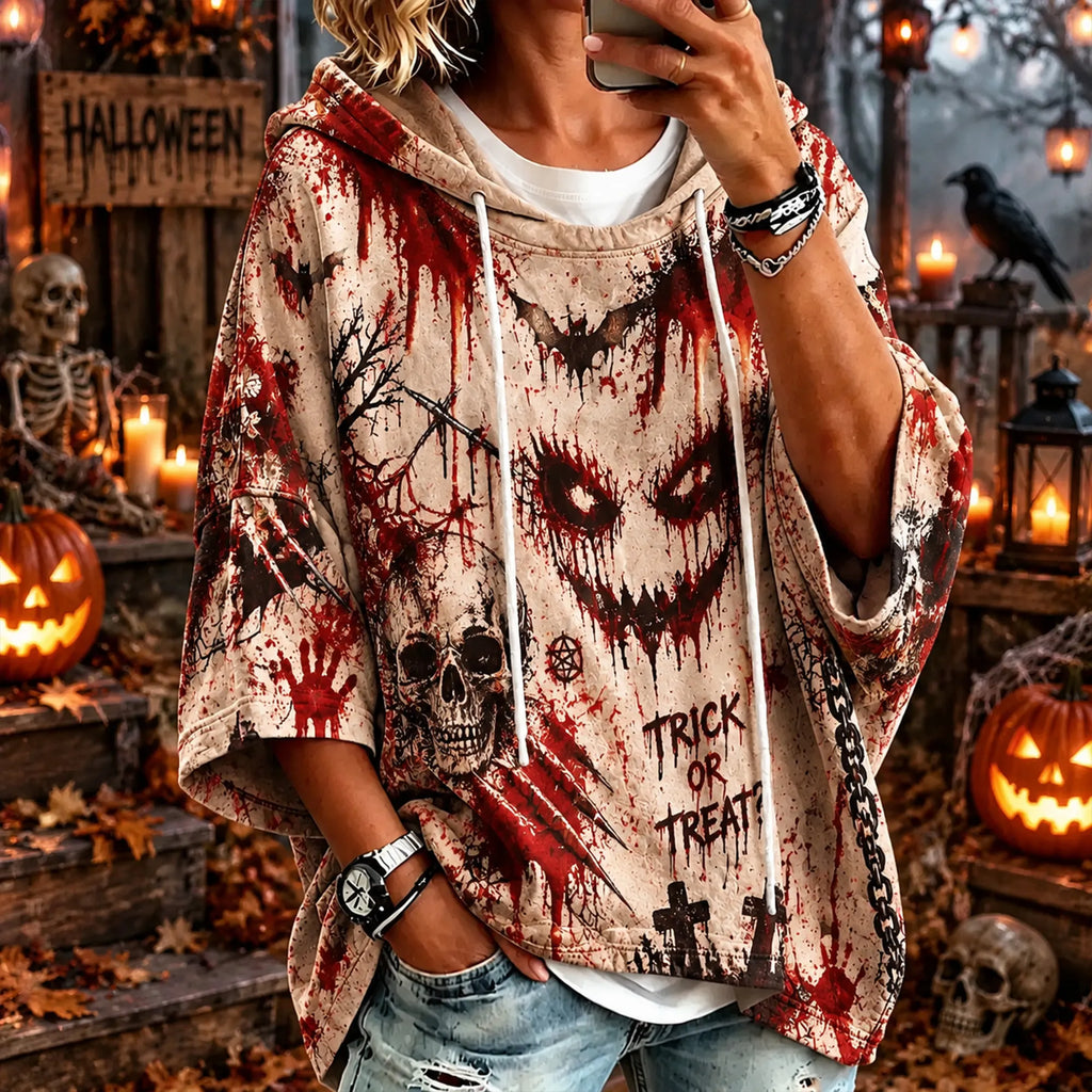 Women's Gothic Halloween "trick Or Treat" Loose Short-sleeve Hoodie With Blood-drip Skull Print