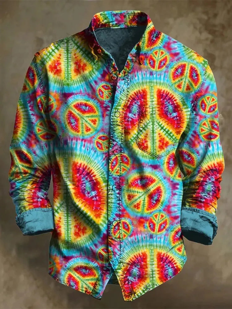 Men's Peace Hippie Gradient Pattern Print Long Sleeves Shirt