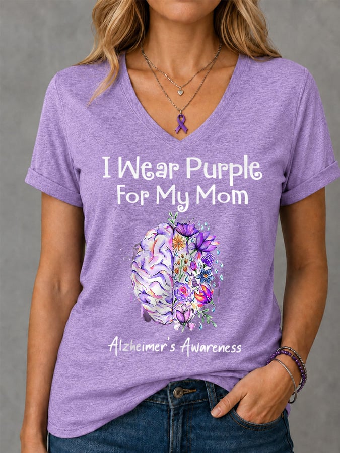Women's I Wear Purple For My Mom Floral Print Alzheimer's Awareness Support V-Neck Tee