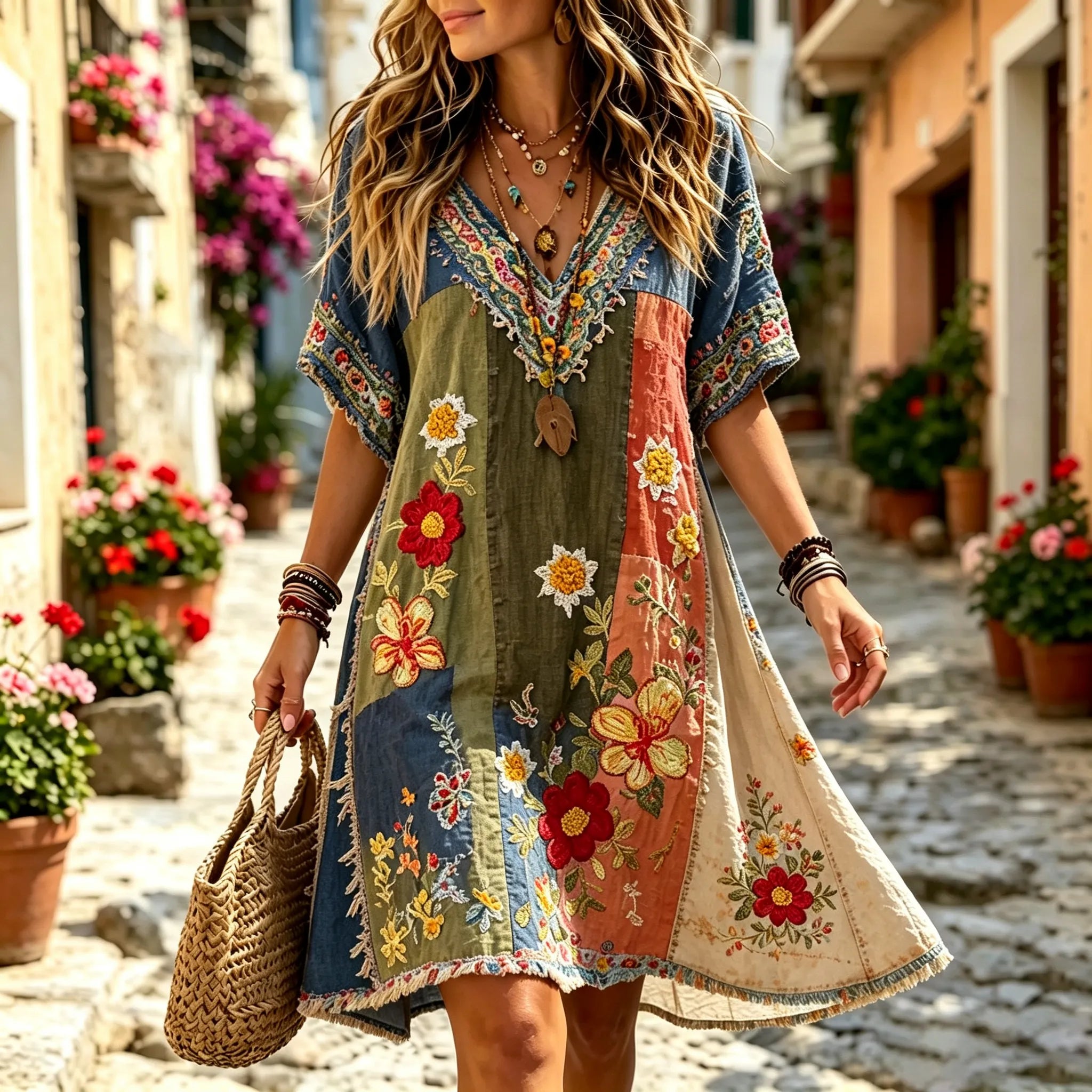 Women's Retro Floral Patchwork Art Cotton Linen Casual Dress