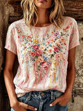 Women's Casual Retro Short-Sleeve Top with Floral Breast Cancer Awareness Print