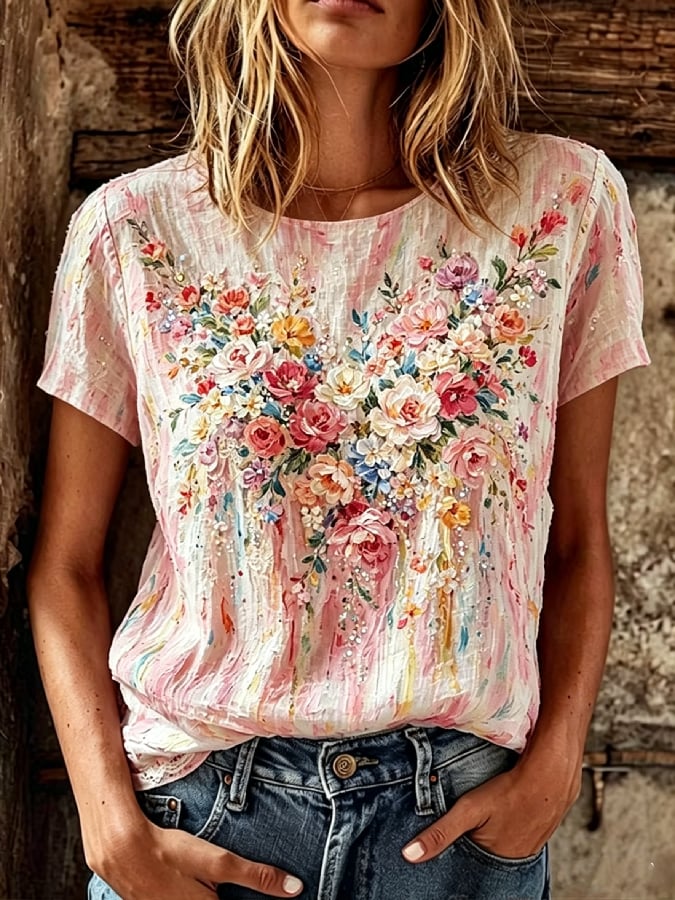 Women's Casual Retro Short-Sleeve Top with Floral Breast Cancer Awareness Print
