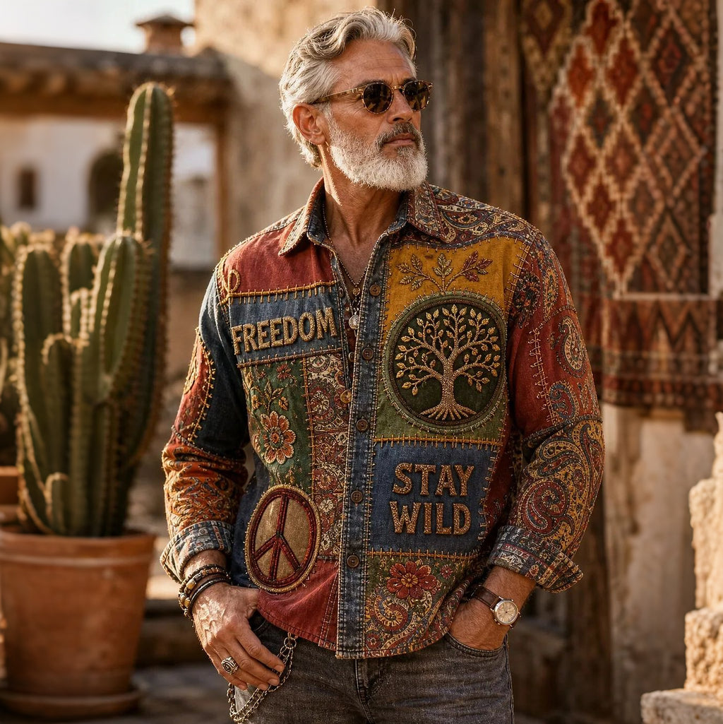 Men's Retro Hippie Color Block Patchwork Long-sleeve Shirt