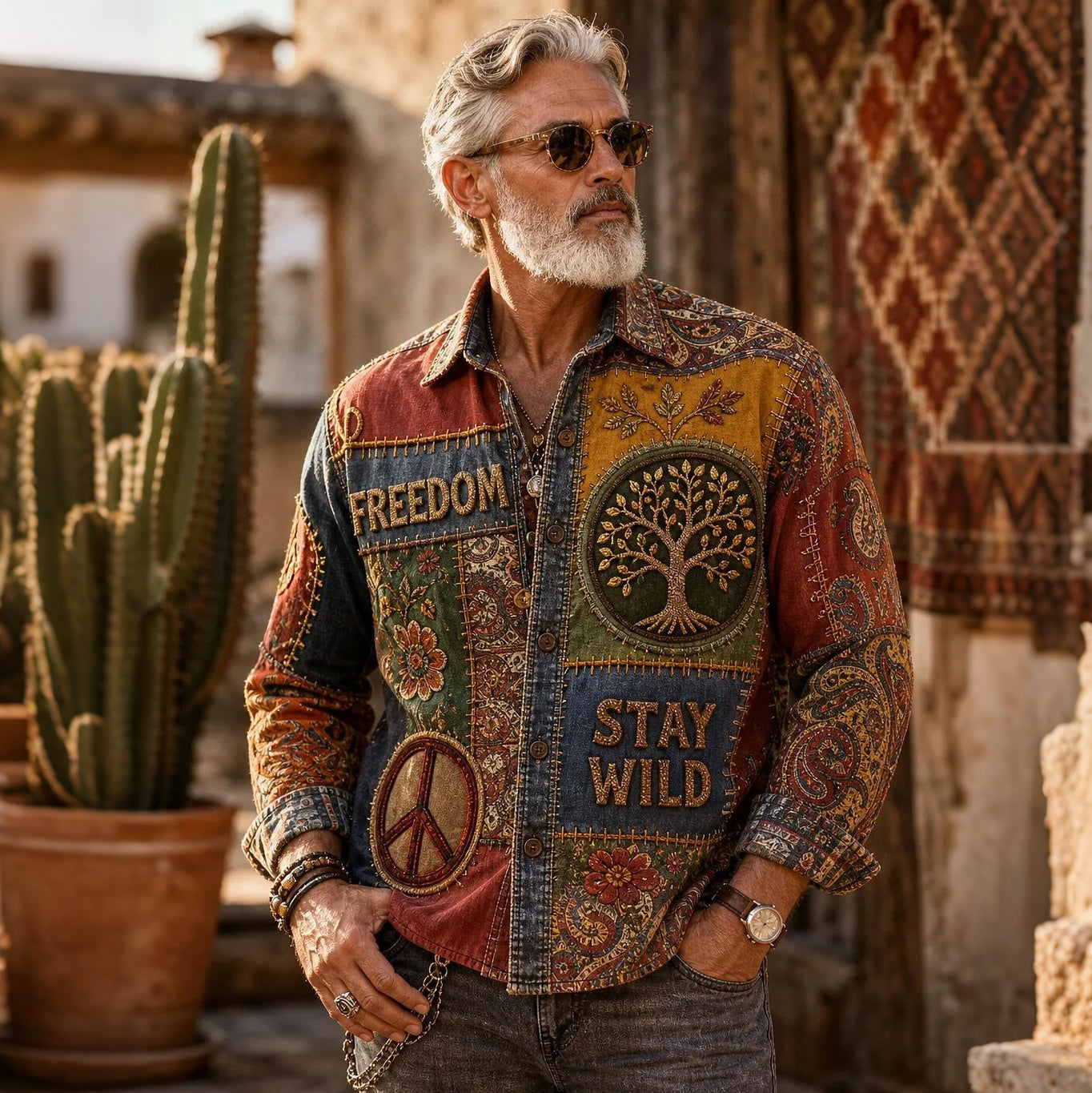 Men's Retro Hippie Color Block Patchwork Long-sleeve Shirt