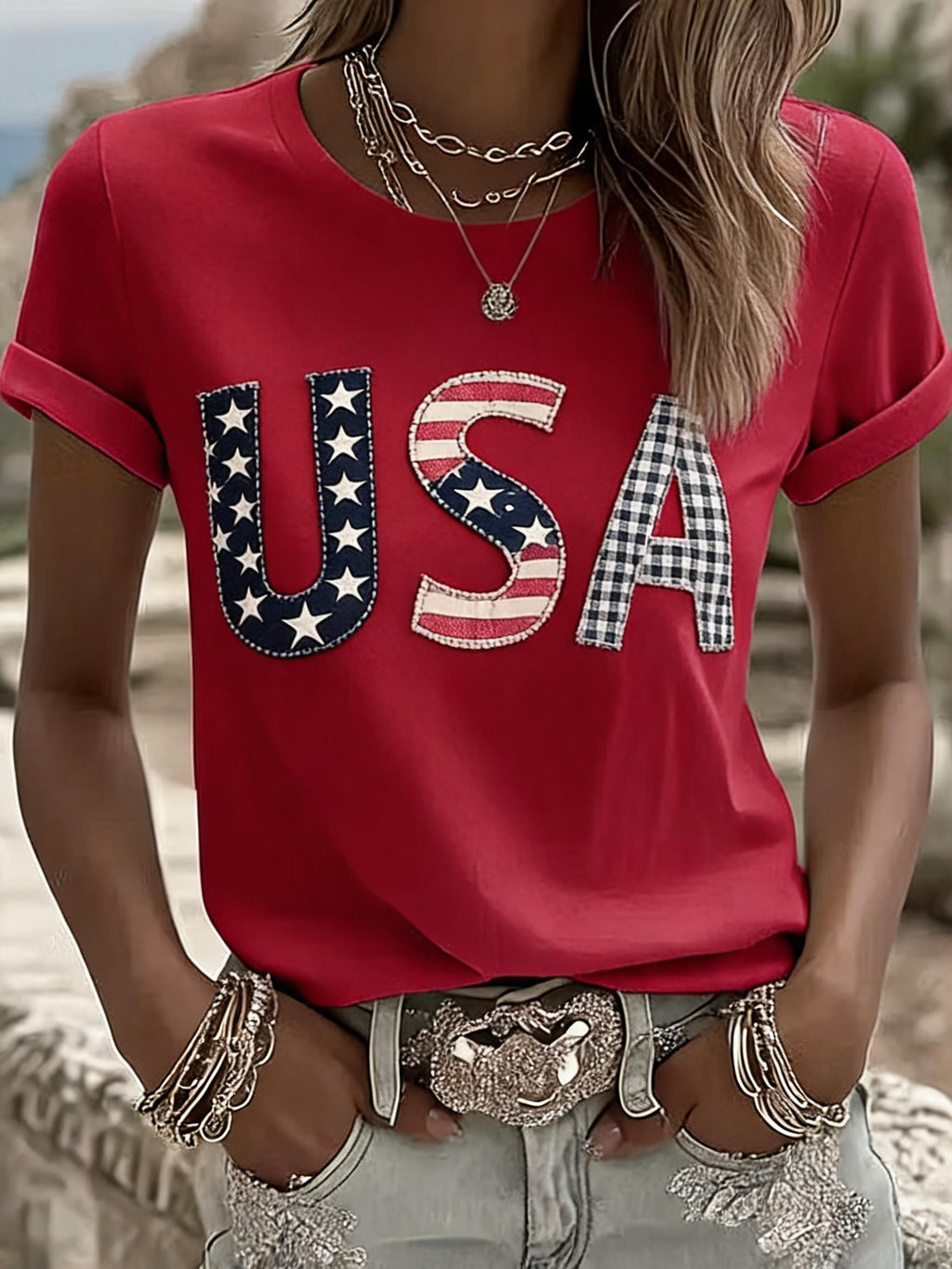 Women's USA Printed Casual Crew Neck T-Shirt