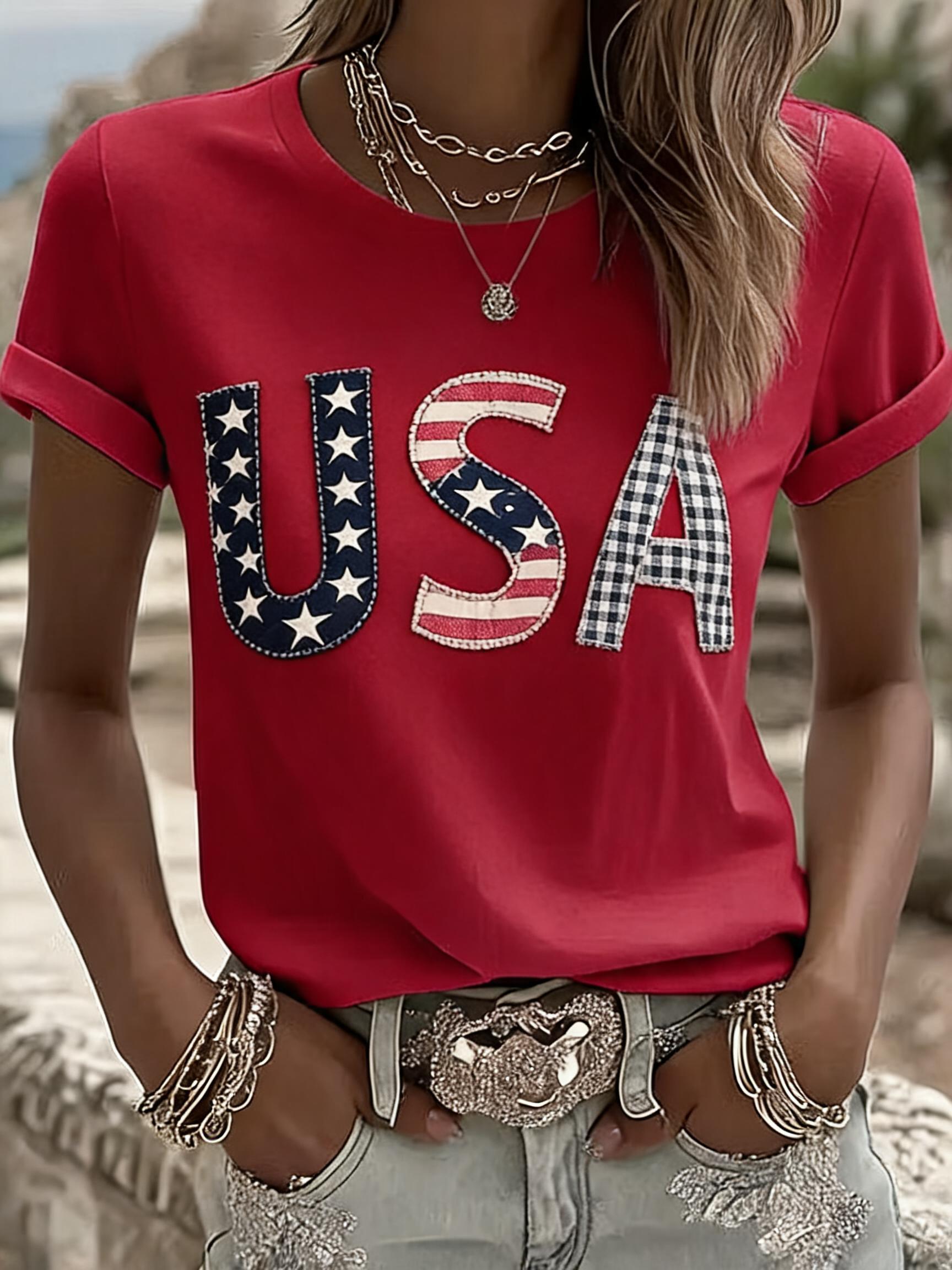 Women's USA Printed Casual Crew Neck T-Shirt