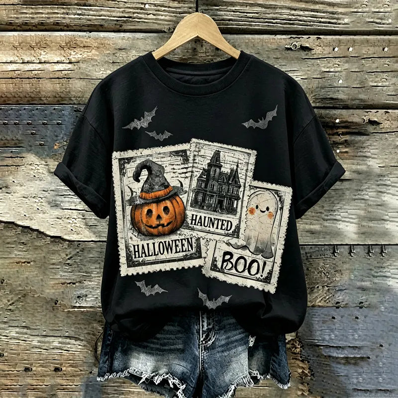 Women's Gothic Halloween Ghost Pumpkin Castle Stamp Pattern T-shirt