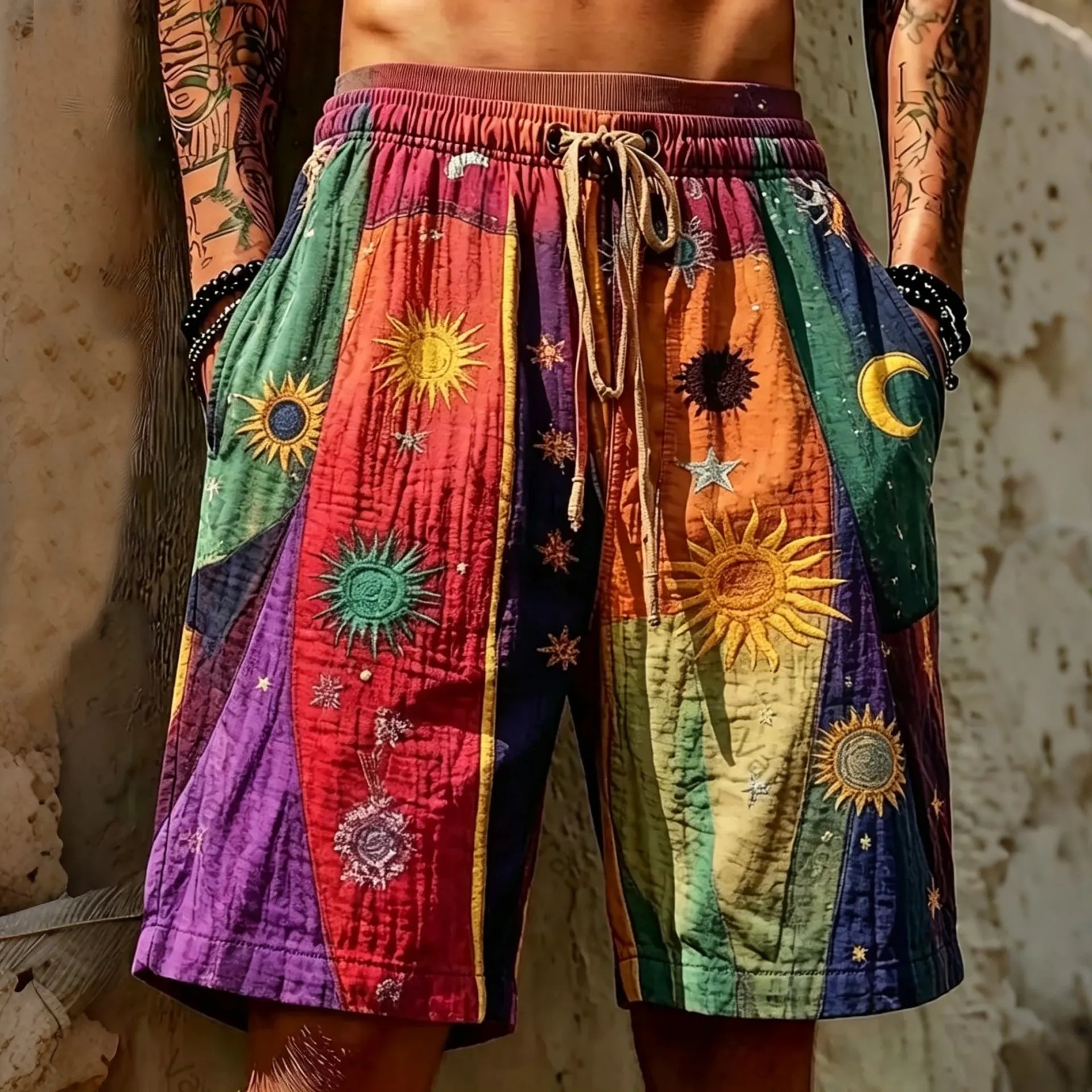Men's Hippie Color Blocked Star Moon Embroidered Patchwork Print Shorts