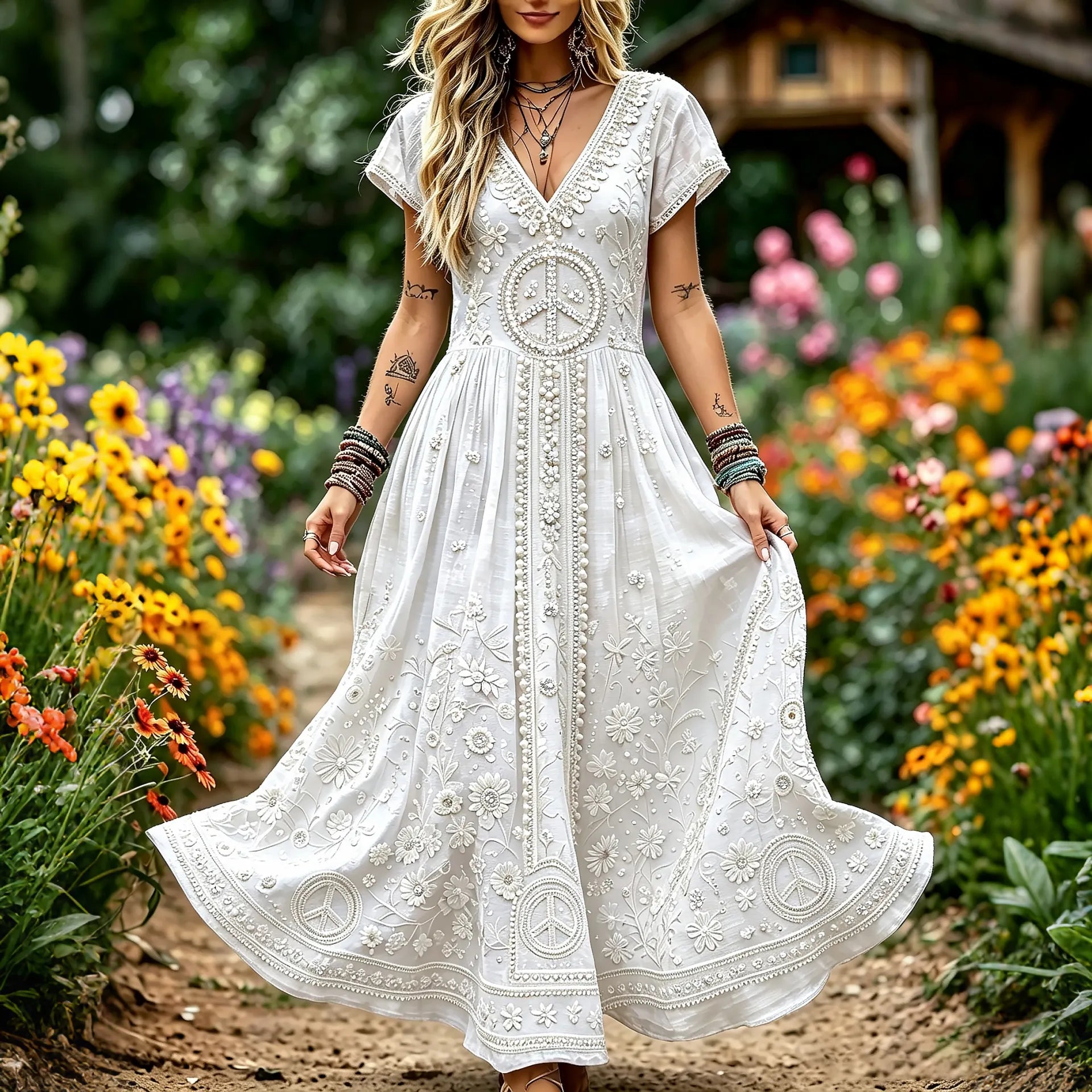 Women's Retro Hippie Peace Floral Art Short Sleeve Linen Blend Maxi Dress
