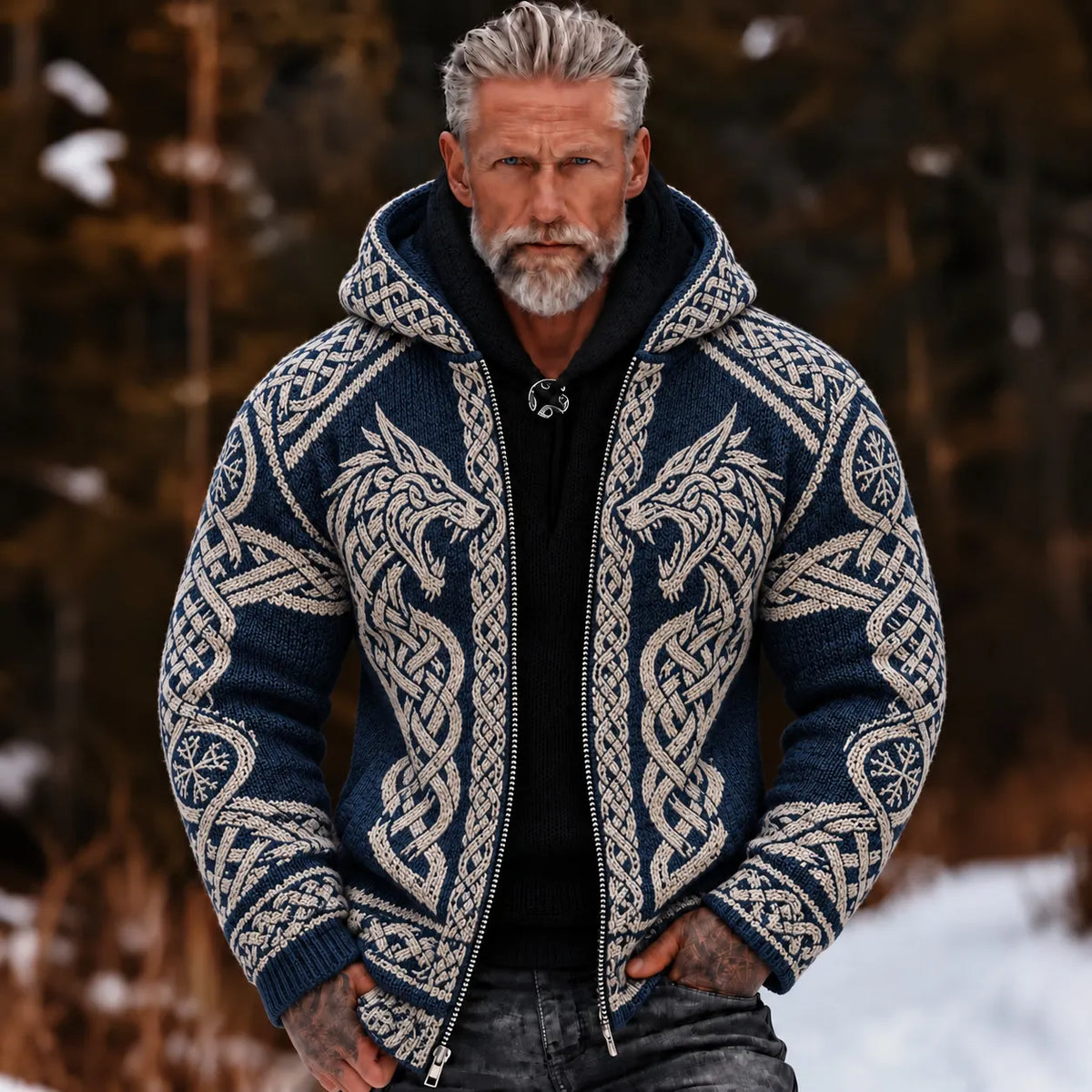Men's Retro Viking Pattern Zip-up Cozy Hooded Sweater