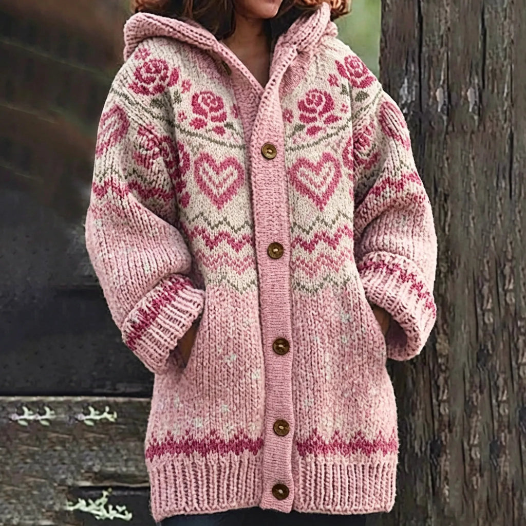 Women's Floral Vintage Pattern Knitted Comfort Hooded Cardigan