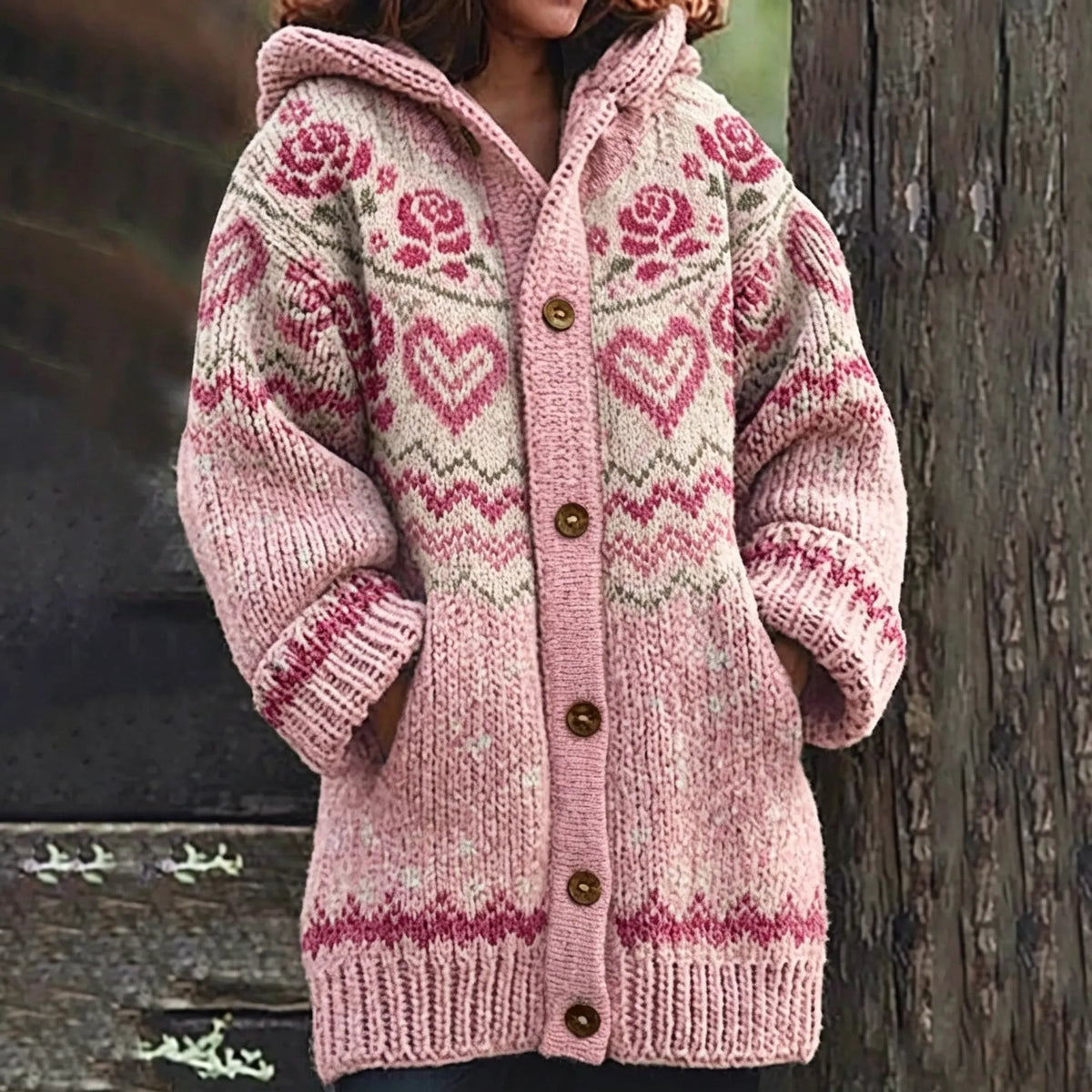 Women's Floral Vintage Pattern Knitted Comfort Hooded Cardigan