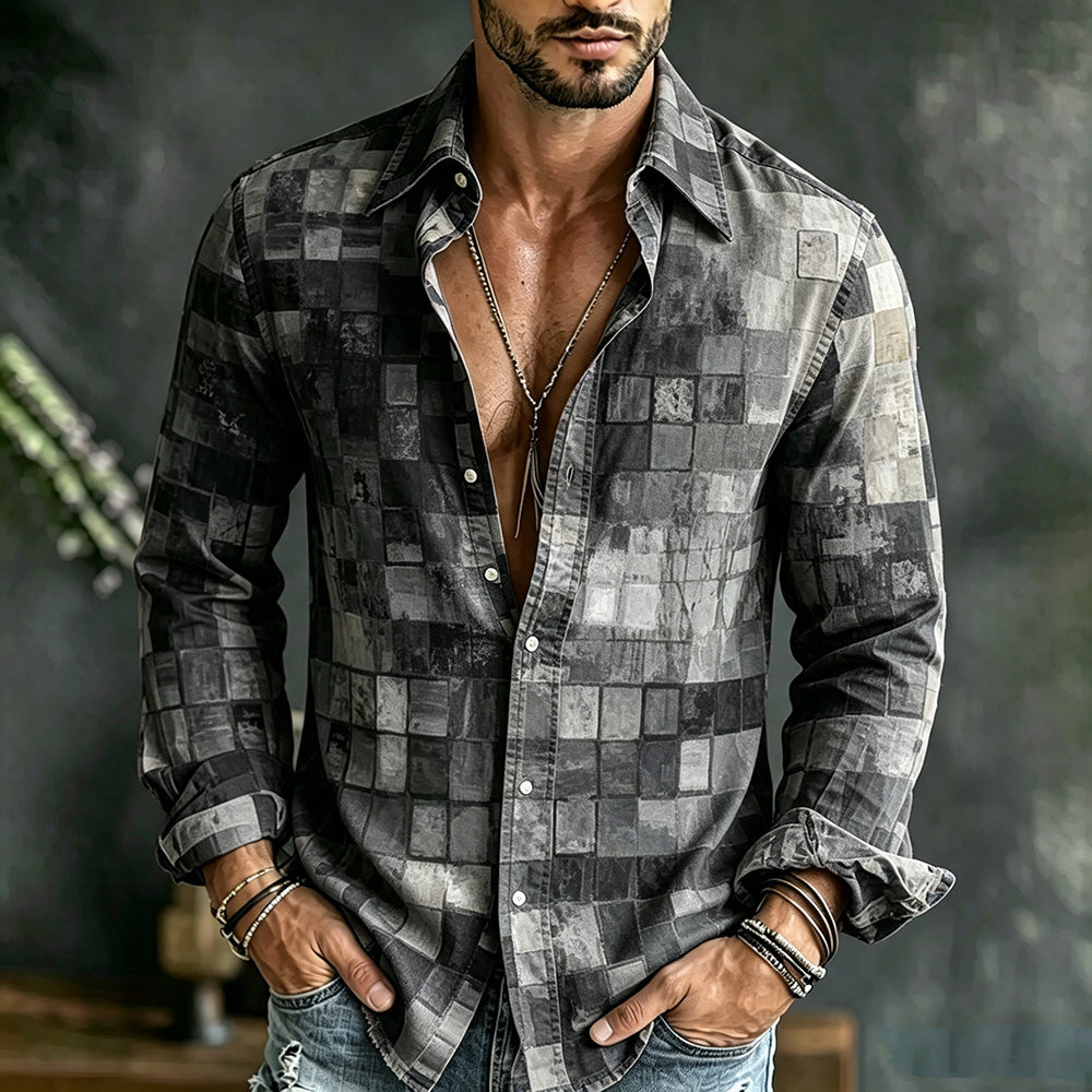 Men's Hippie Color Block Art Patchwork Print Casual Long Sleeve Linen Shirt