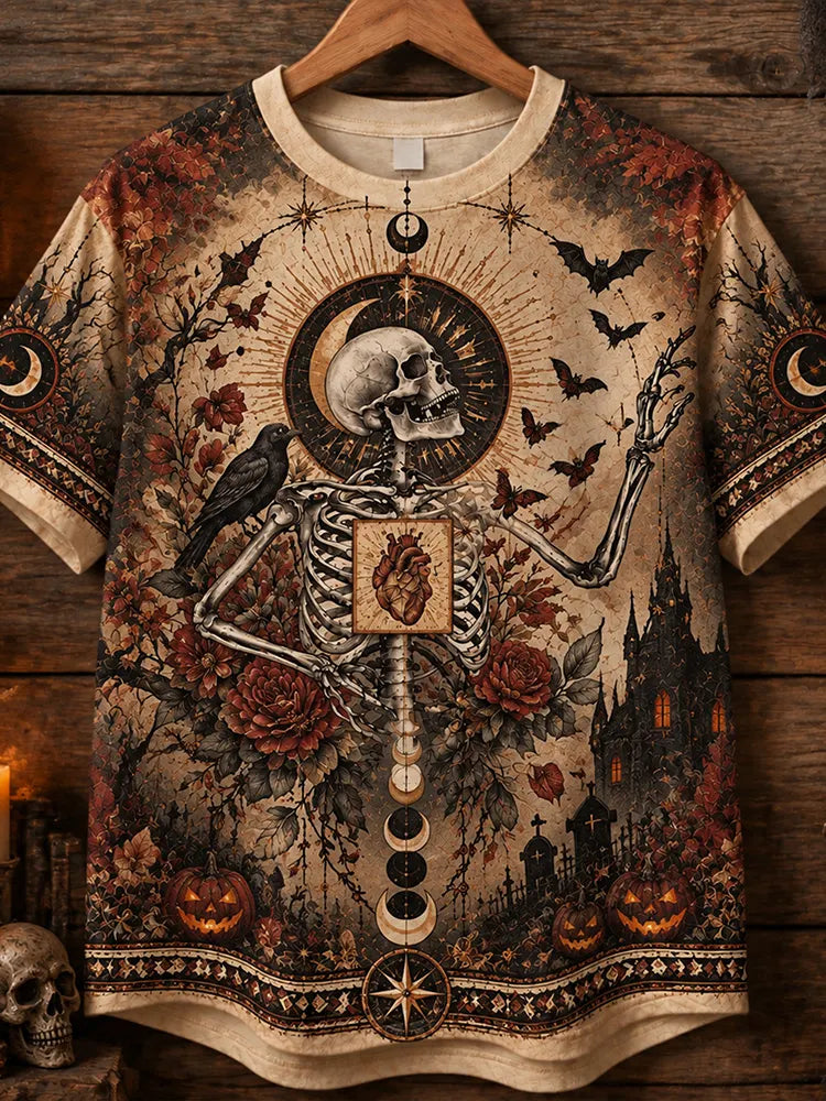 Women's Vintage Boho Gothic Skeleton Raven Sacred Heart Halloween T-shirt