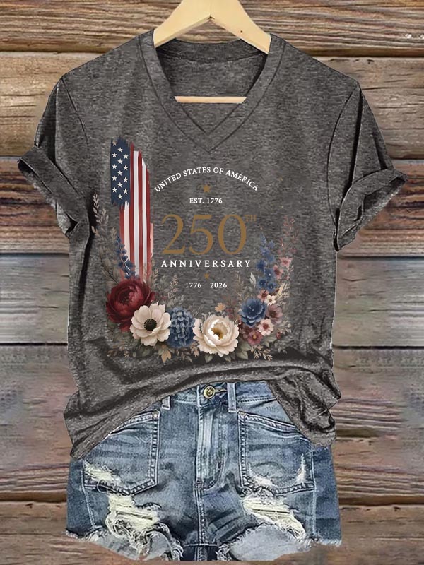 250th Anniversary 1776-2026 Pattern Print V Neck Casual T-Shirt