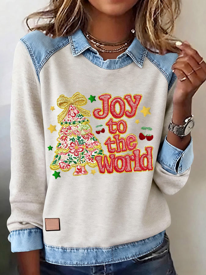 Women's Christmas Faith Print Casual Denim Top