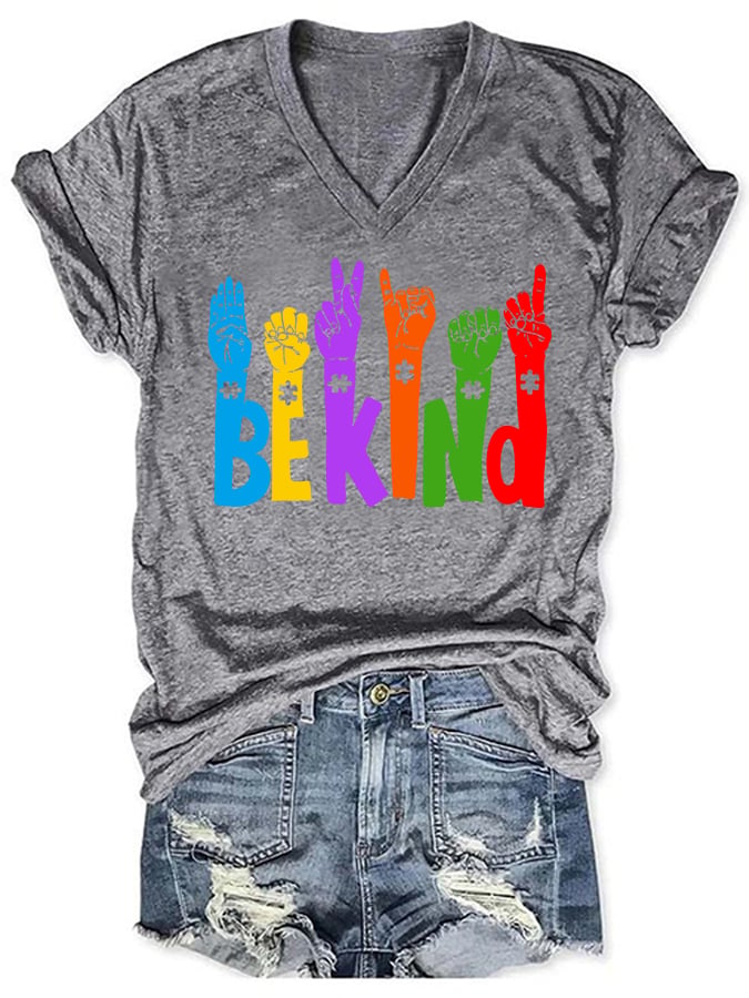 Women's Be Kind Print Autism Awareness V-Neck T-Shirt
