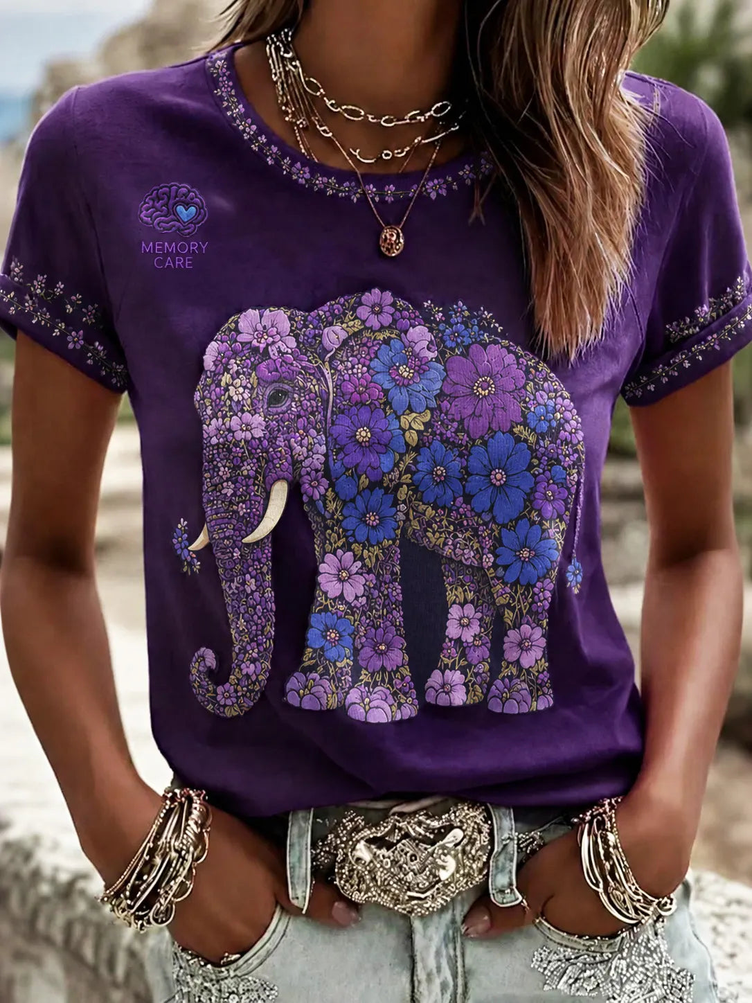 Women's Memory Care Flowers Elephant Art Print Short Sleeve T-shirt