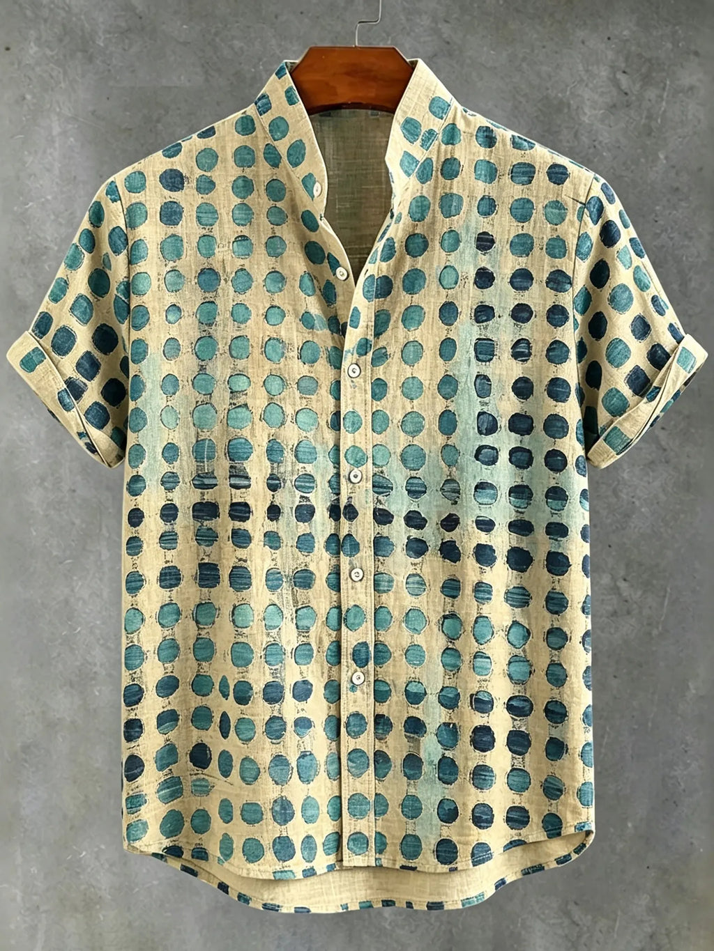 Abstract 70s Hippie Gradient Teal‐blue Distressed Oval‐dot Art Print Men's Short Sleeve Button Up Shirt