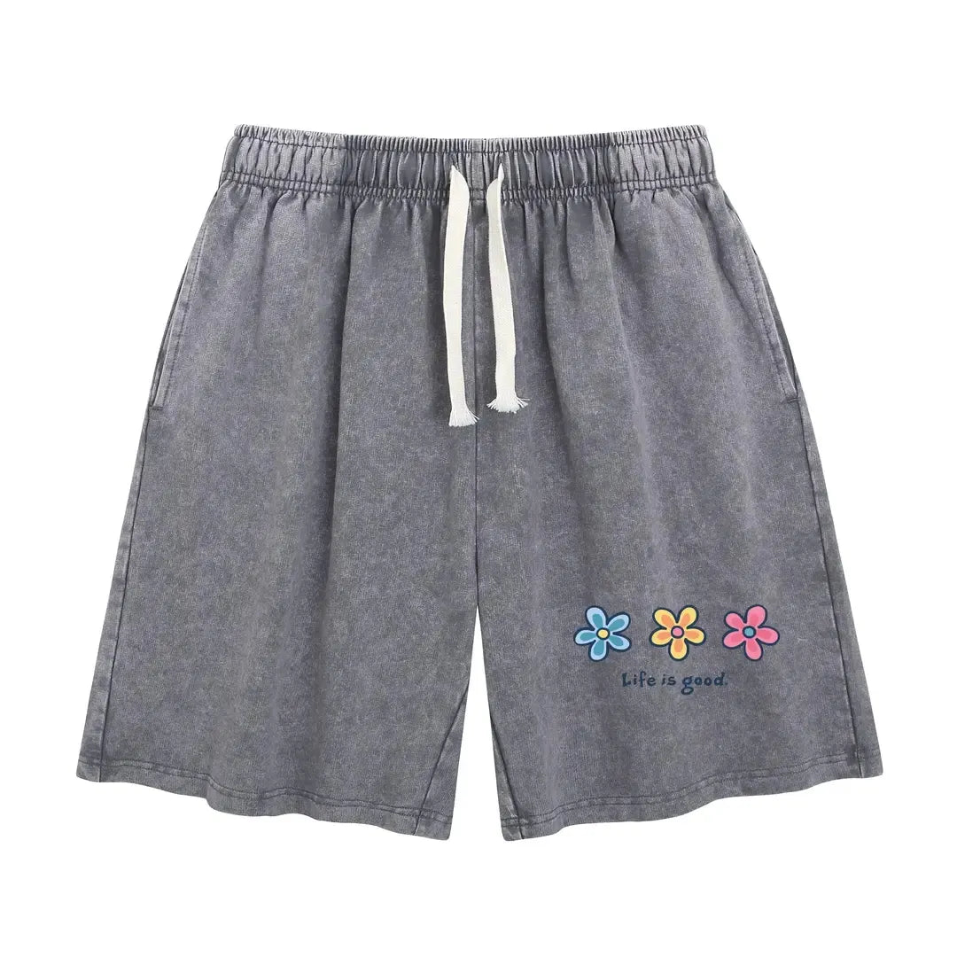 Unisex Flower Print Casual Shorts Acid Wash Soft Comfortable Cotton Blend Bottoms