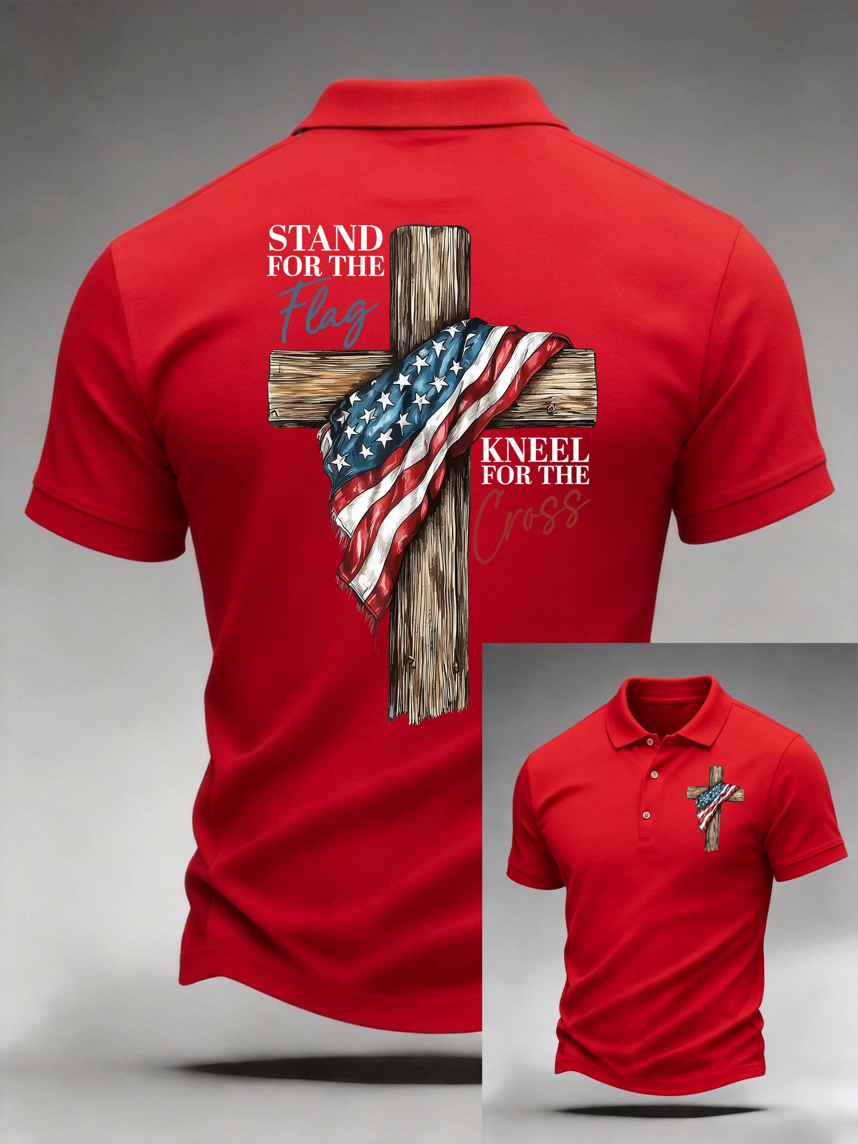 Men's Casual Stand For The Flag Kneel For The Cross Printed Polo Shirt
